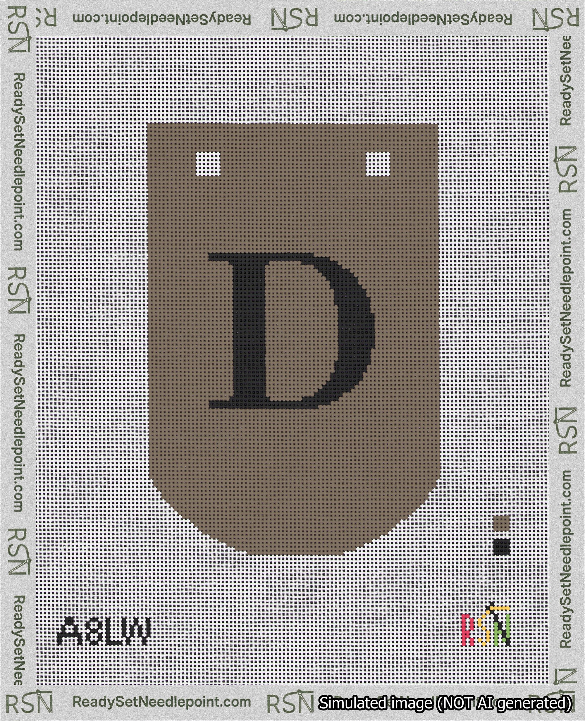 A taped needlepoint canvas with the design: Banner 18 mesh count Curved D Black on Brown.