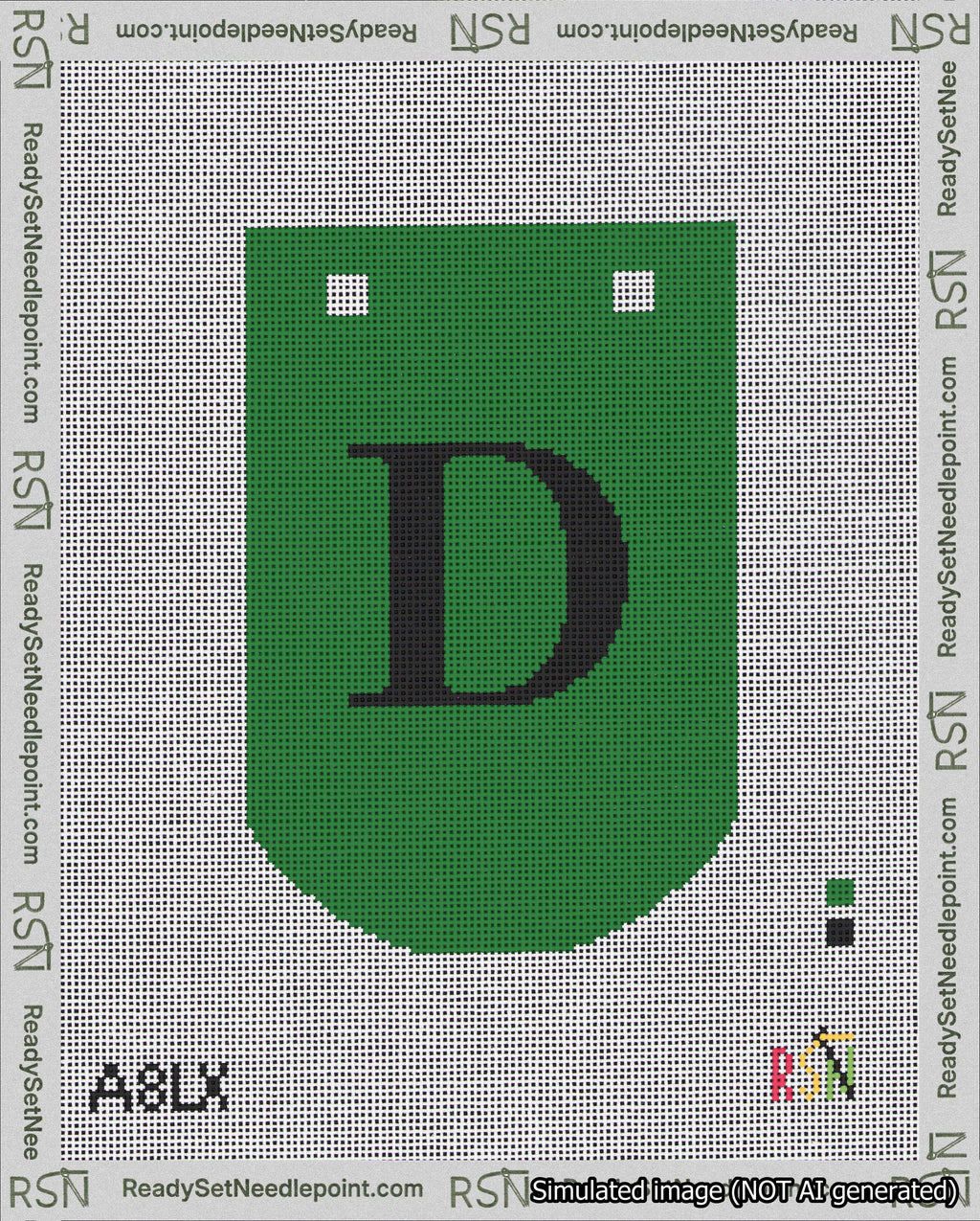 A taped needlepoint canvas with the design: Banner 18 mesh count Curved D Black on Green.