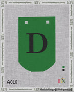 A taped needlepoint canvas with the design: Banner 18 mesh count Curved D Black on Green.
