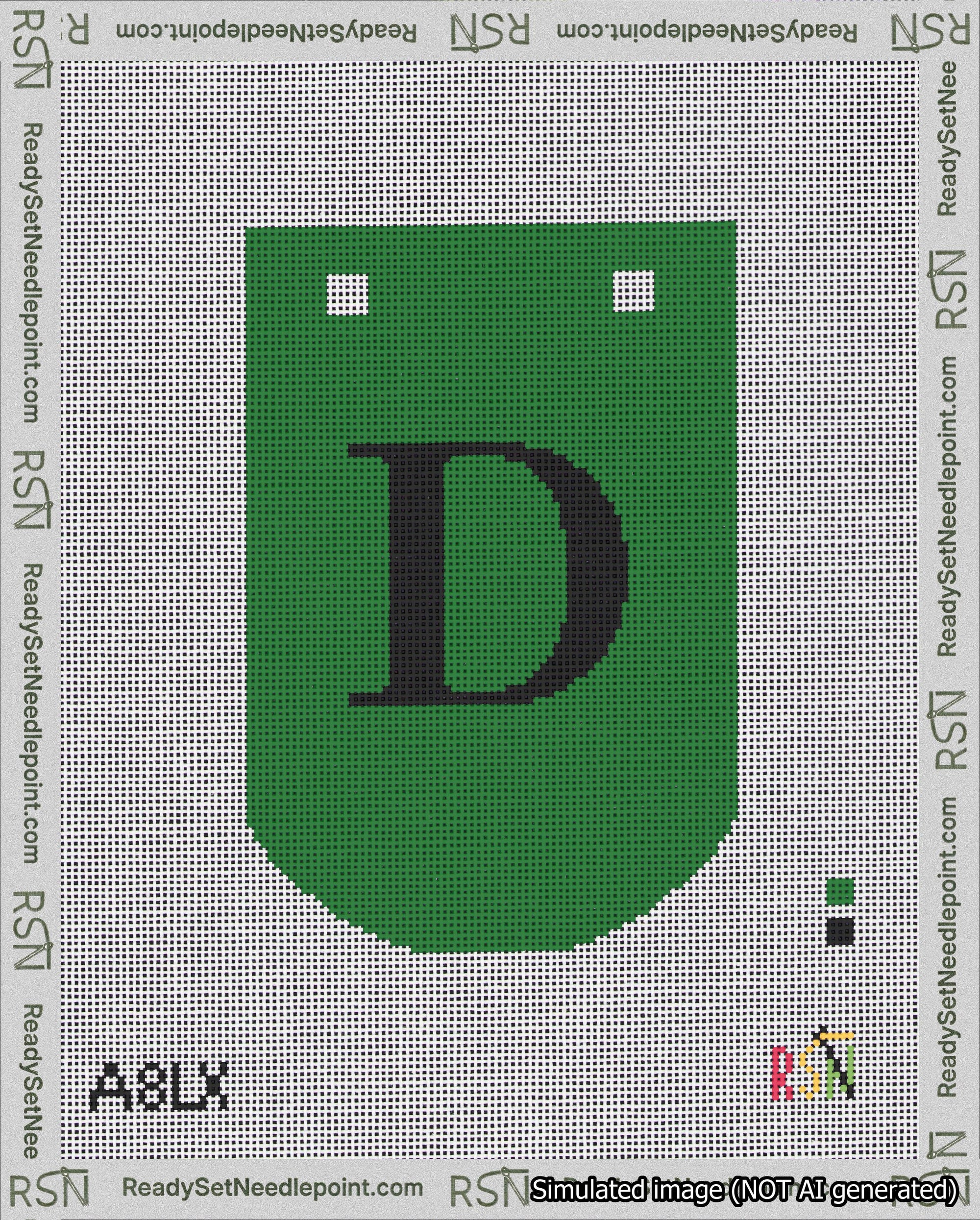 A taped needlepoint canvas with the design: Banner 18 mesh count Curved D Black on Green.