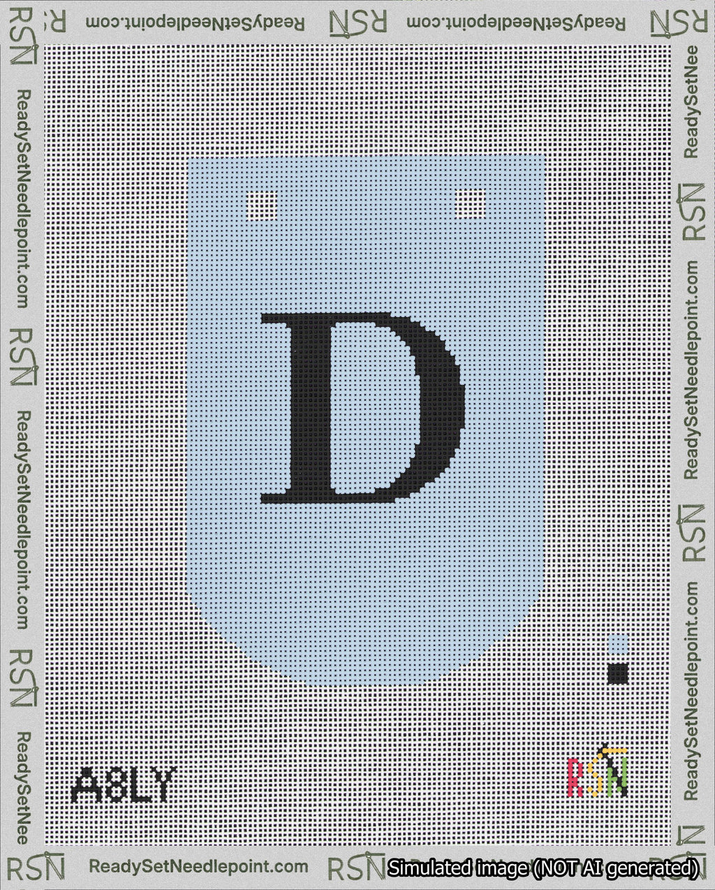 A taped needlepoint canvas with the design: Banner 18 mesh count Curved D Black on Light Blue.