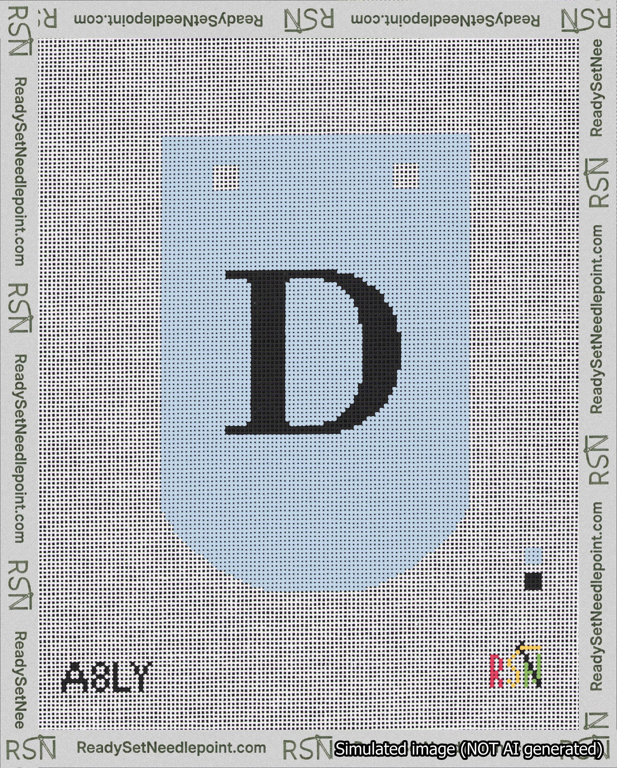 A taped needlepoint canvas with the design: Banner 18 mesh count Curved D Black on Light Blue.