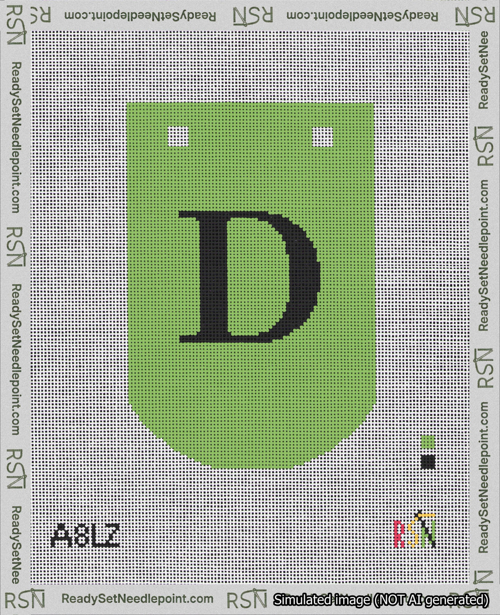 A taped needlepoint canvas with the design: Banner 18 mesh count Curved D Black on Light Green.
