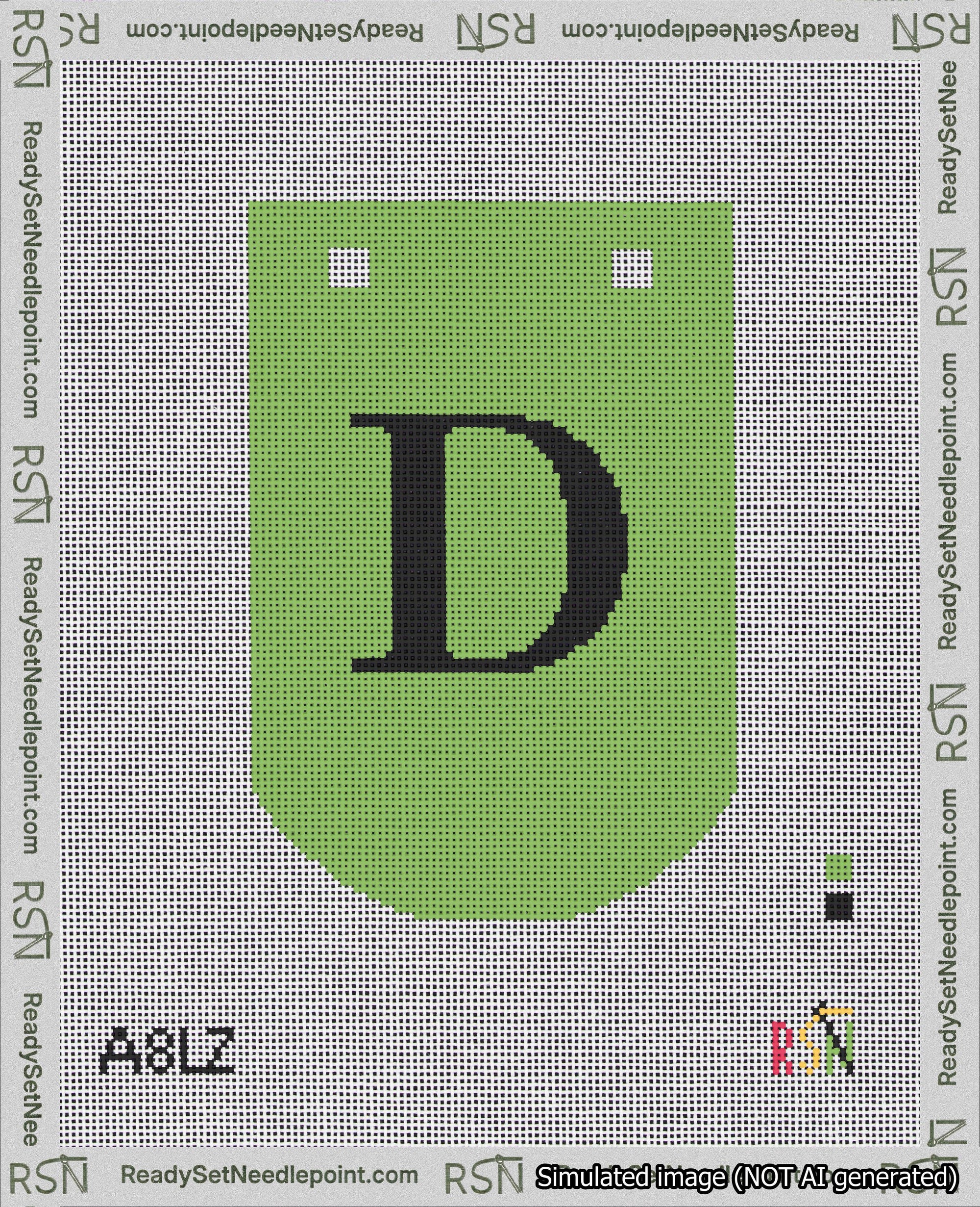 A taped needlepoint canvas with the design: Banner 18 mesh count Curved D Black on Light Green.