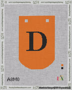 A taped needlepoint canvas with the design: Banner 18 mesh count Curved D Black on Orange.