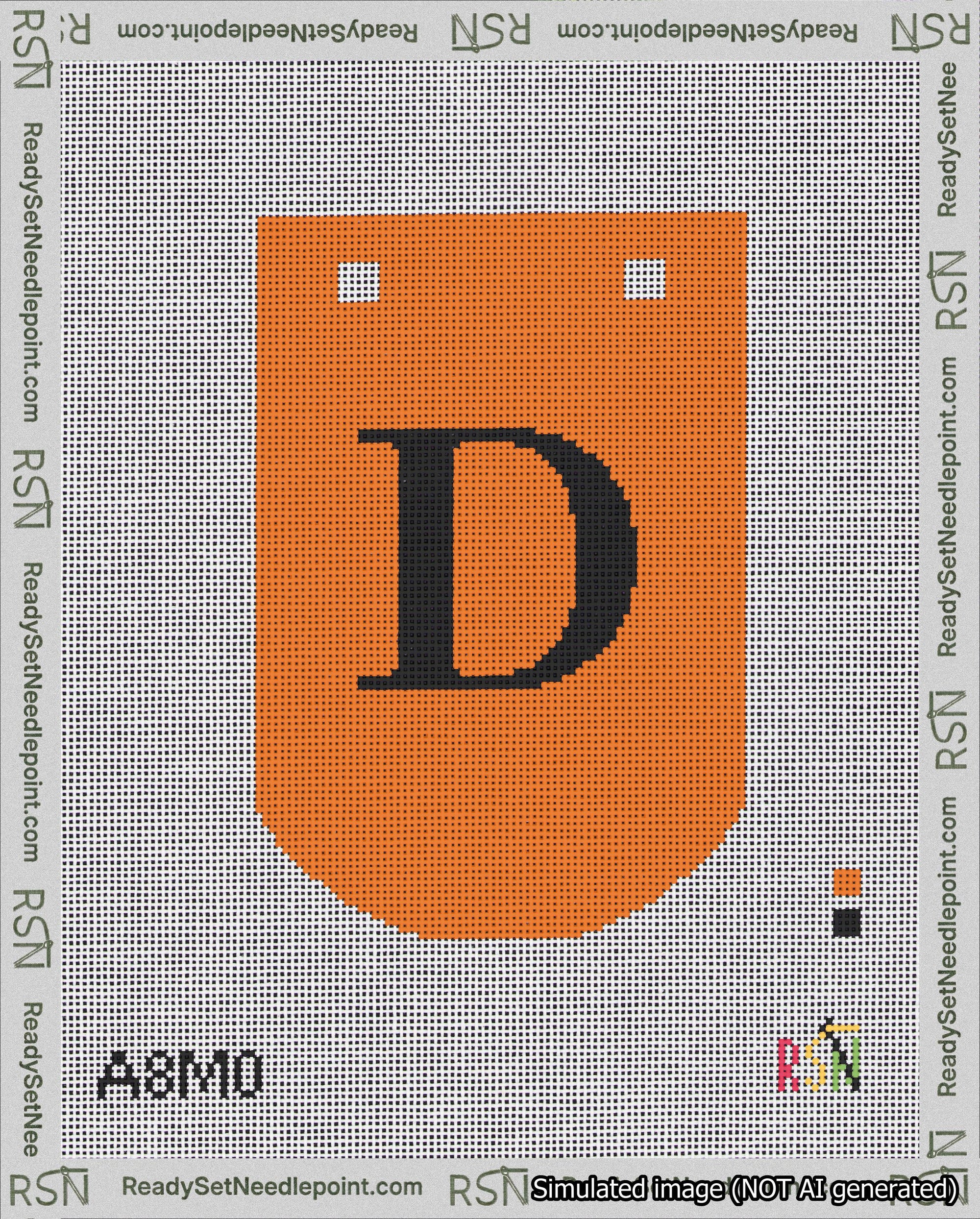 A taped needlepoint canvas with the design: Banner 18 mesh count Curved D Black on Orange.