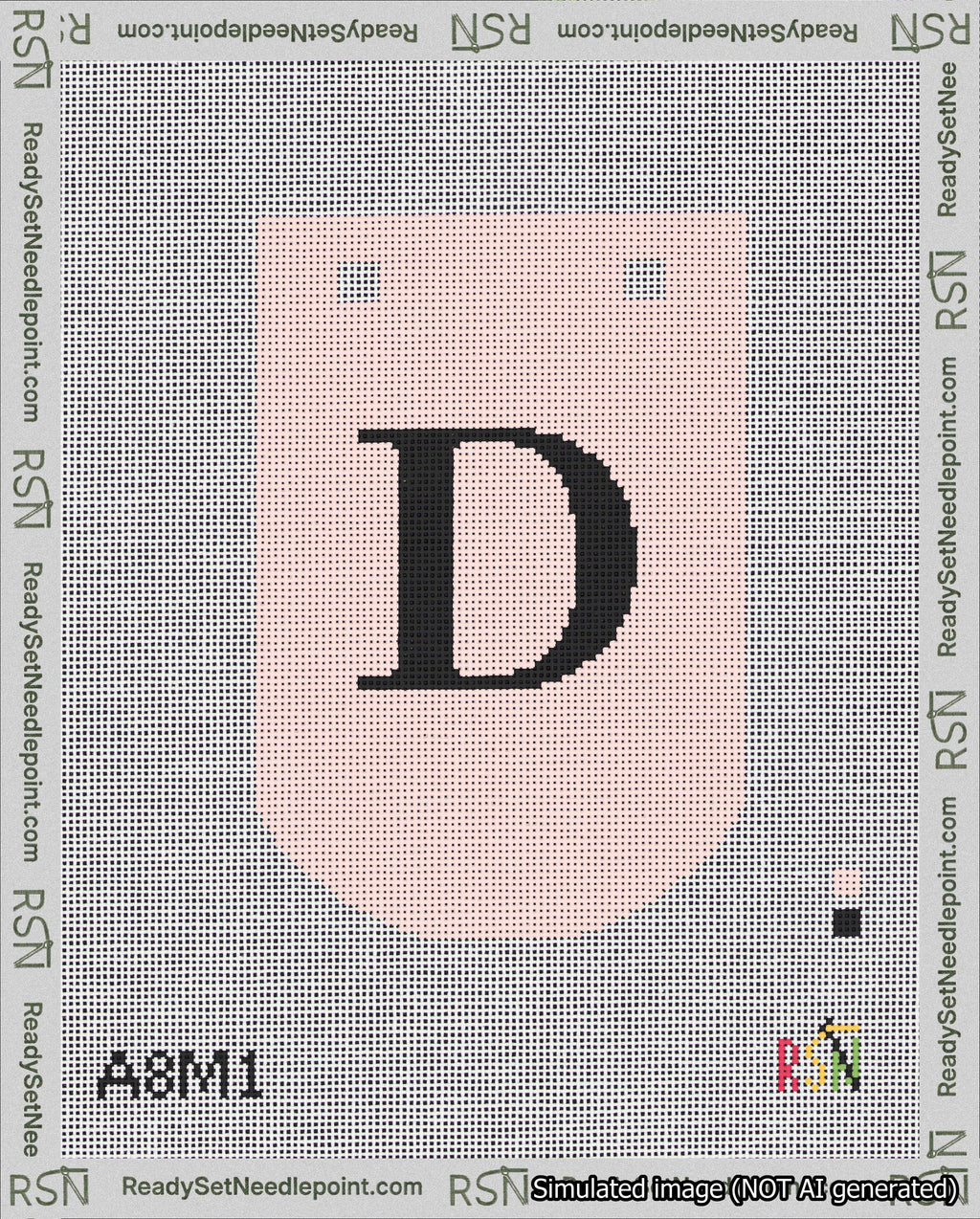 A taped needlepoint canvas with the design: Banner 18 mesh count Curved D Black on Pink.