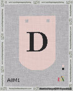 A taped needlepoint canvas with the design: Banner 18 mesh count Curved D Black on Pink.