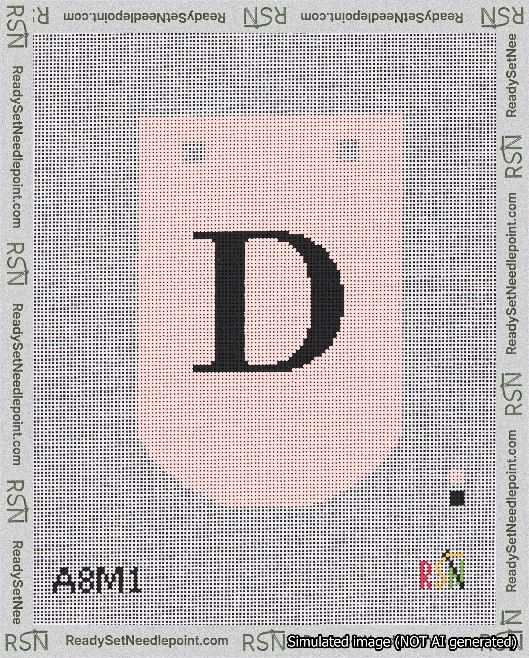 A taped needlepoint canvas with the design: Banner 18 mesh count Curved D Black on Pink.
