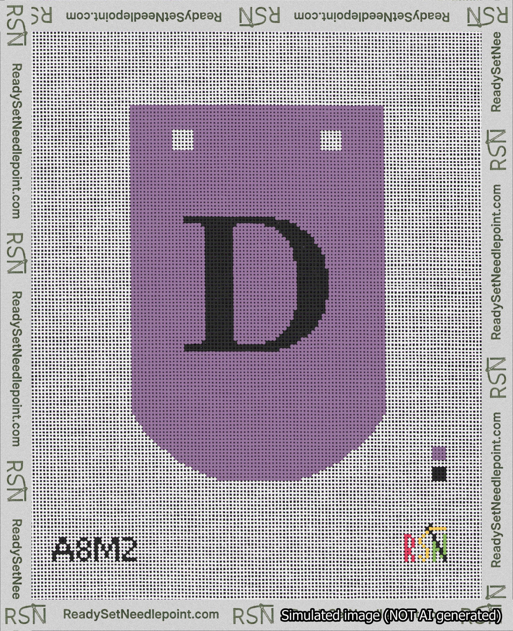 A taped needlepoint canvas with the design: Banner 18 mesh count Curved D Black on Purple.