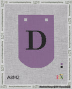 A taped needlepoint canvas with the design: Banner 18 mesh count Curved D Black on Purple.
