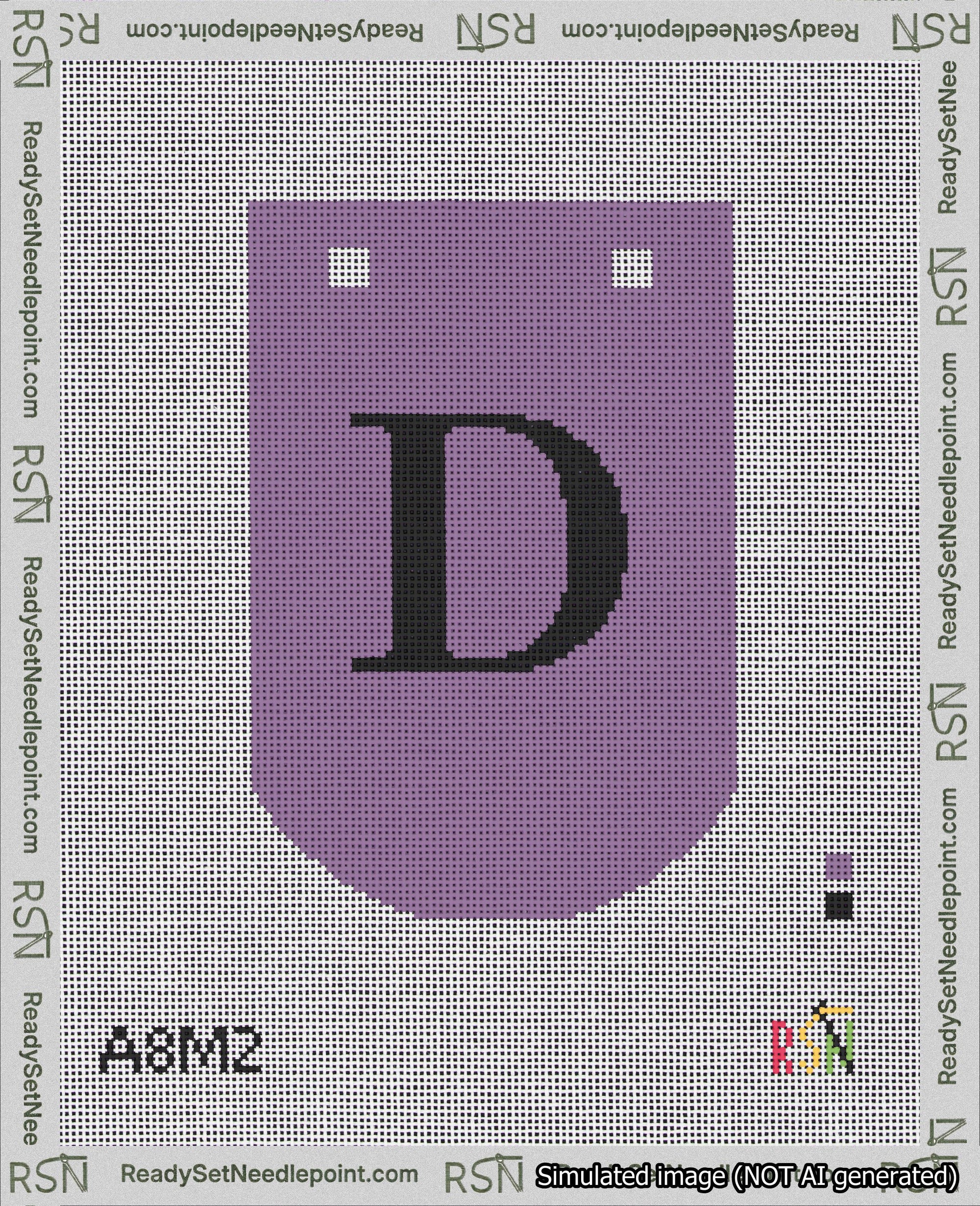 A taped needlepoint canvas with the design: Banner 18 mesh count Curved D Black on Purple.