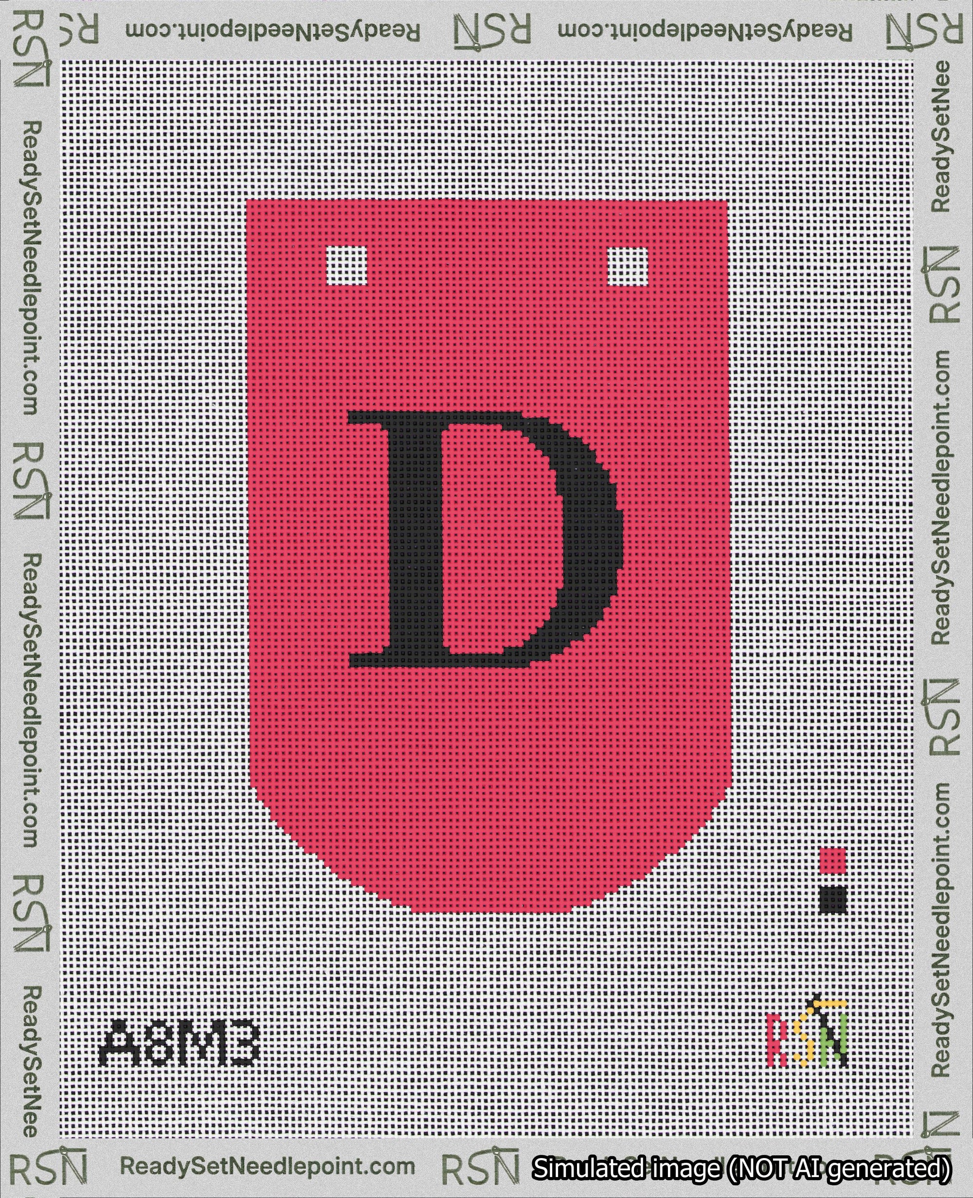 A taped needlepoint canvas with the design: Banner 18 mesh count Curved D Black on Red.