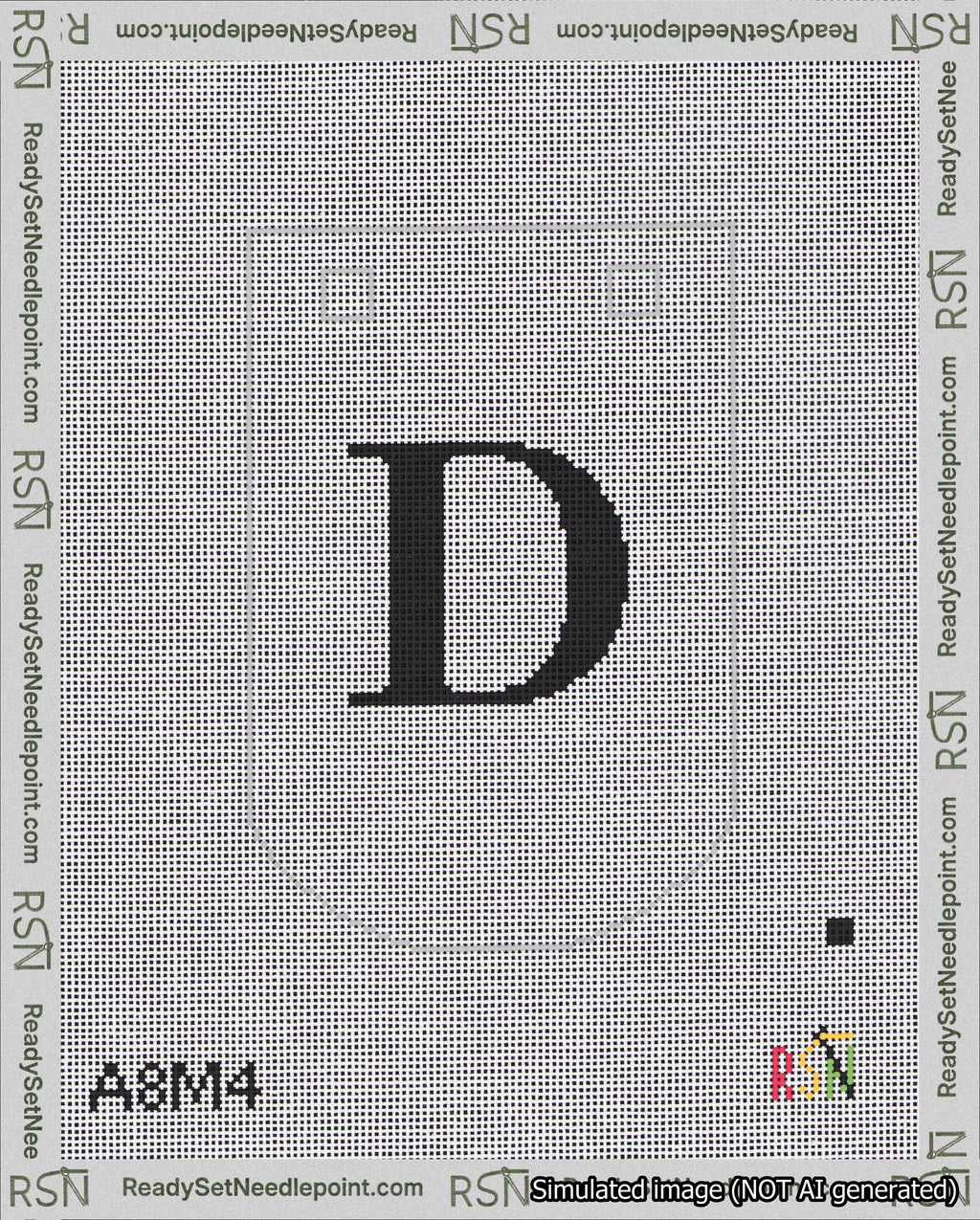 A taped needlepoint canvas with the design: Banner 18 mesh count Curved D Black on White.