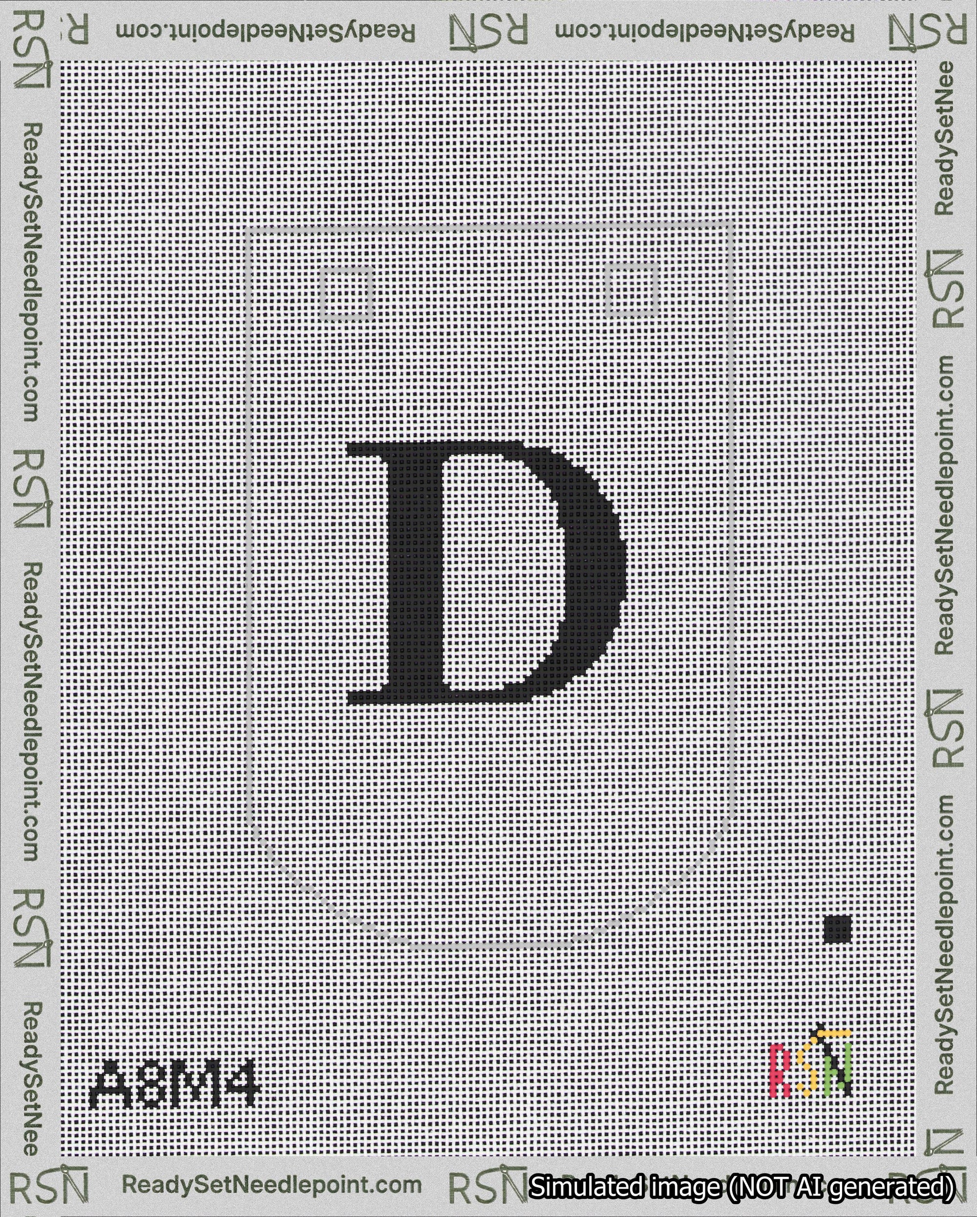 A taped needlepoint canvas with the design: Banner 18 mesh count Curved D Black on White.