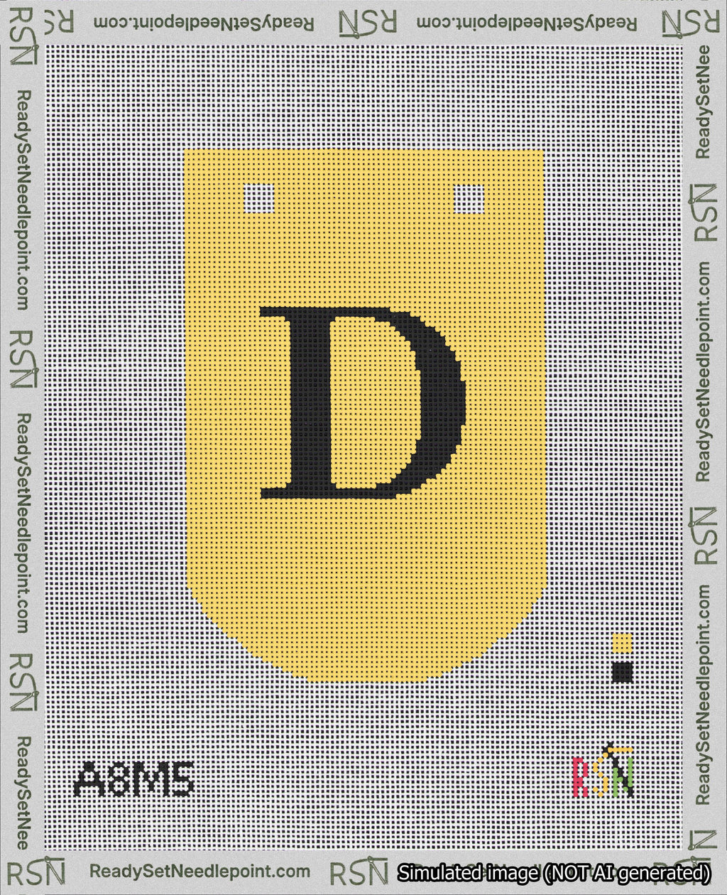 A taped needlepoint canvas with the design: Banner 18 mesh count Curved D Black on Yellow.