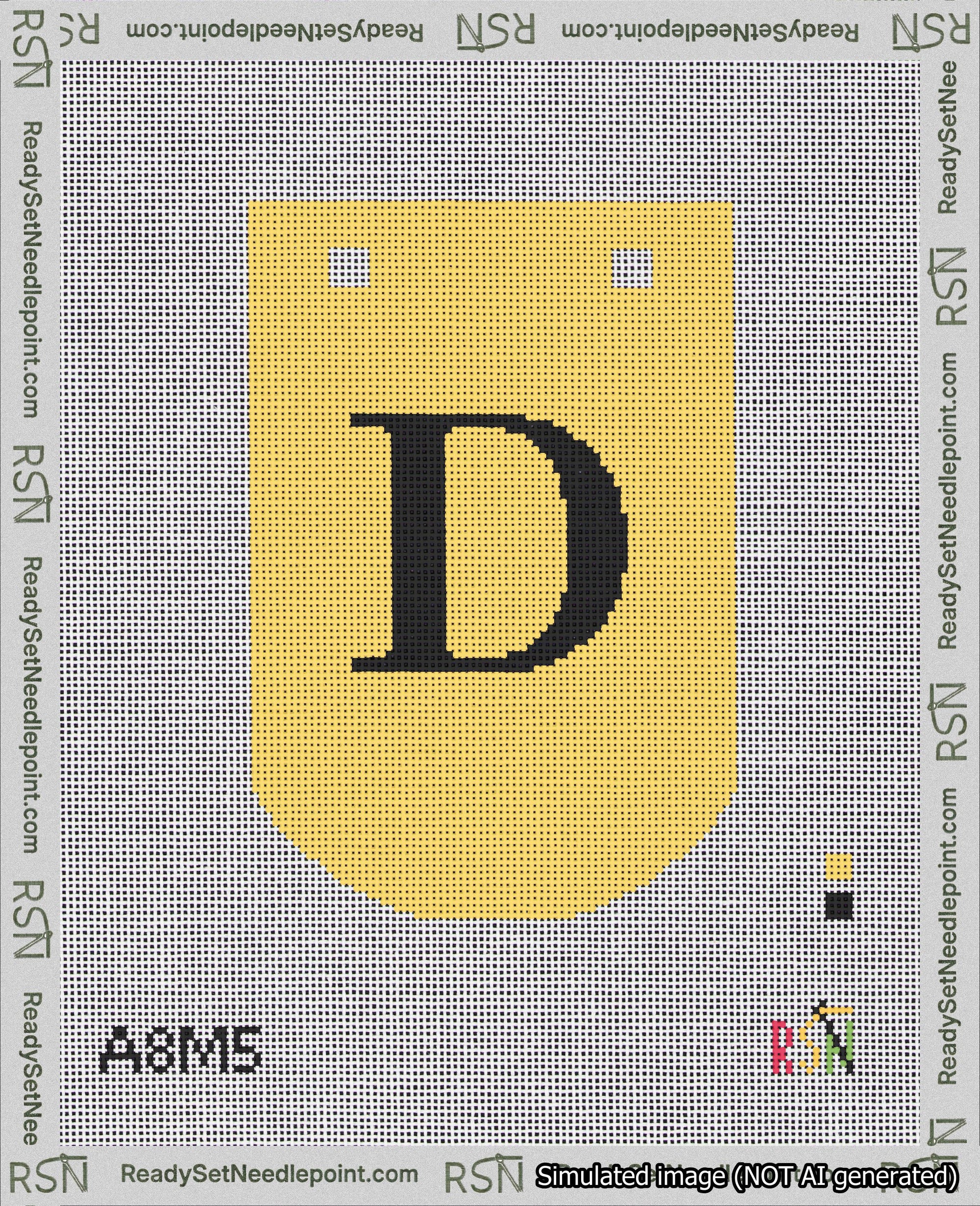 A taped needlepoint canvas with the design: Banner 18 mesh count Curved D Black on Yellow.