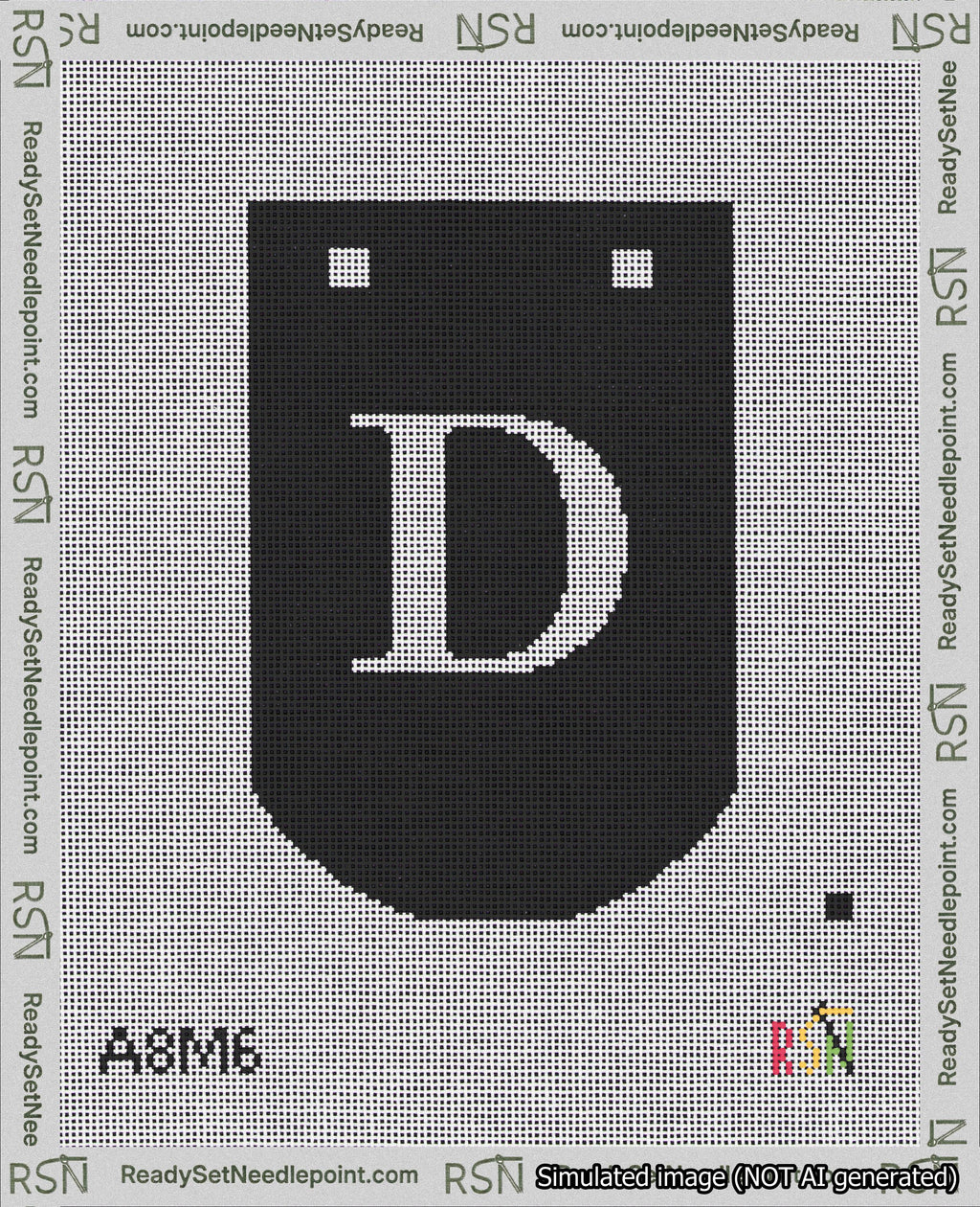 A taped needlepoint canvas with the design: Banner 18 mesh count Curved D White on Black.