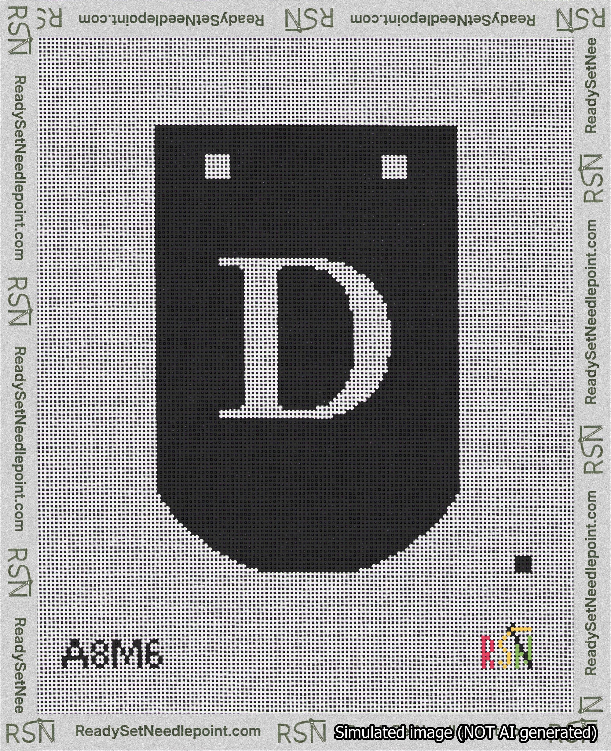 A taped needlepoint canvas with the design: Banner 18 mesh count Curved D White on Black.