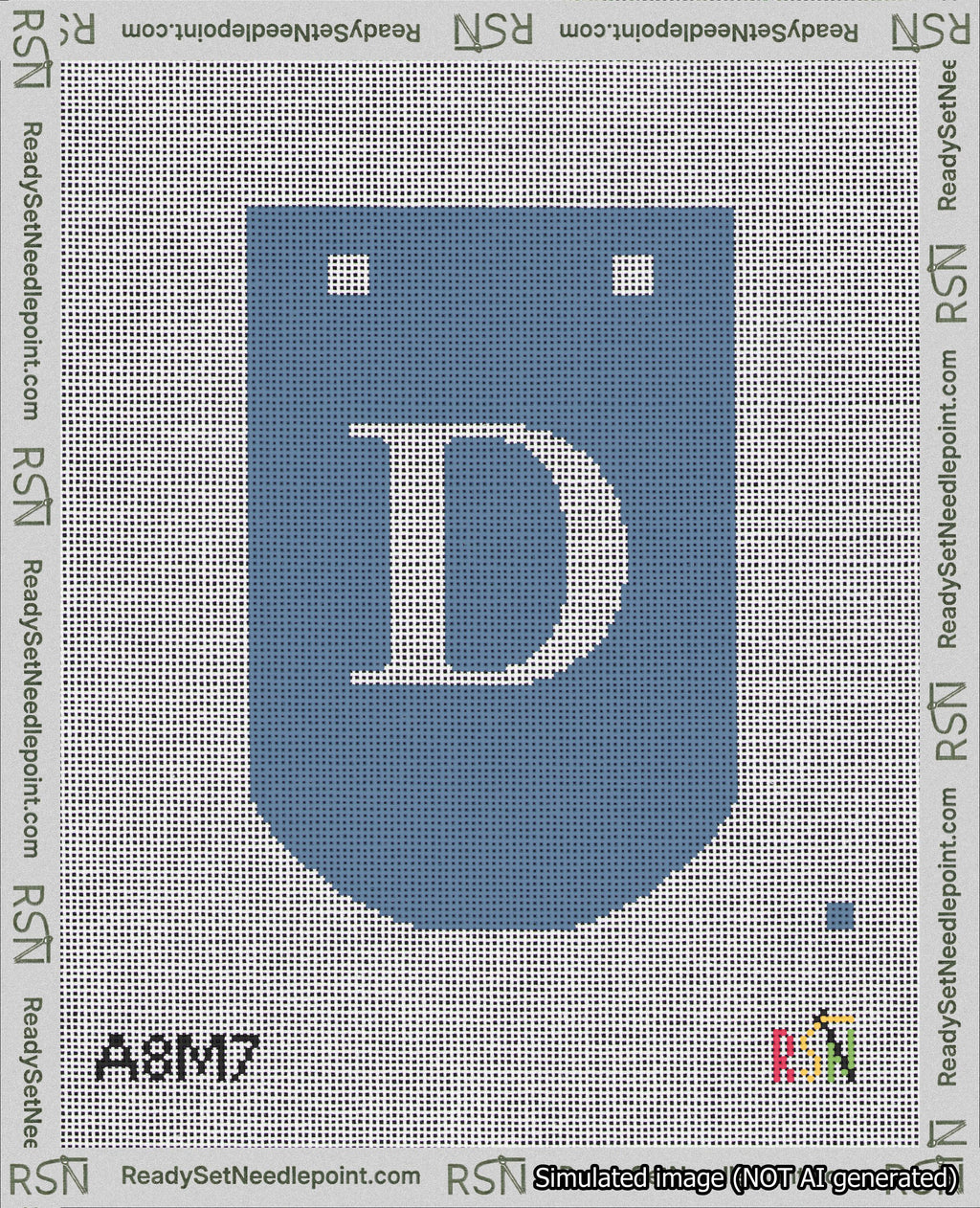 A taped needlepoint canvas with the design: Banner 18 mesh count Curved D White on Blue.