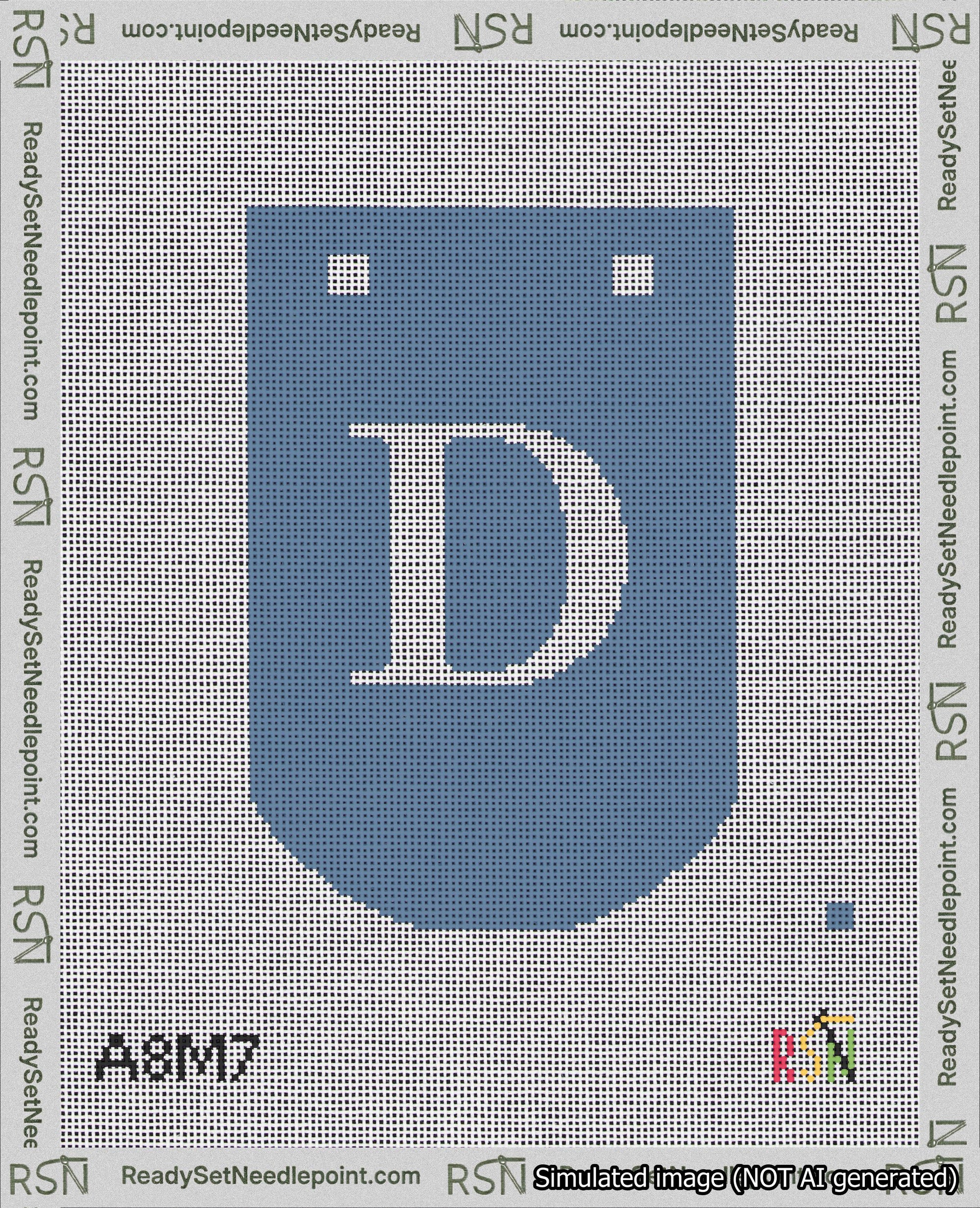 A taped needlepoint canvas with the design: Banner 18 mesh count Curved D White on Blue.