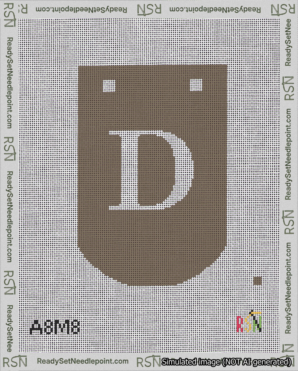 A taped needlepoint canvas with the design: Banner 18 mesh count Curved D White on Brown.