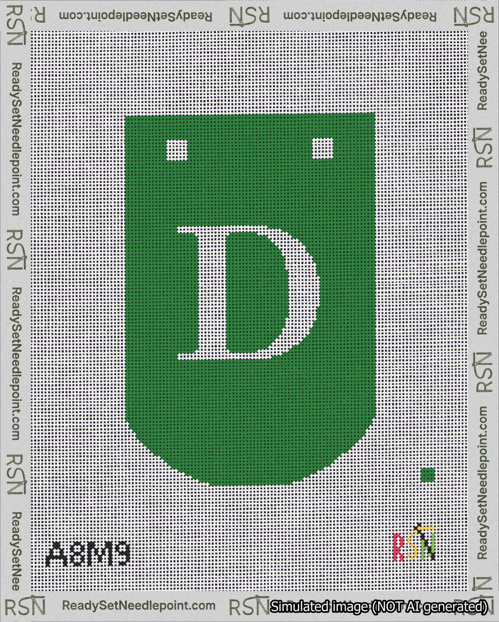A taped needlepoint canvas with the design: Banner 18 mesh count Curved D White on Green.