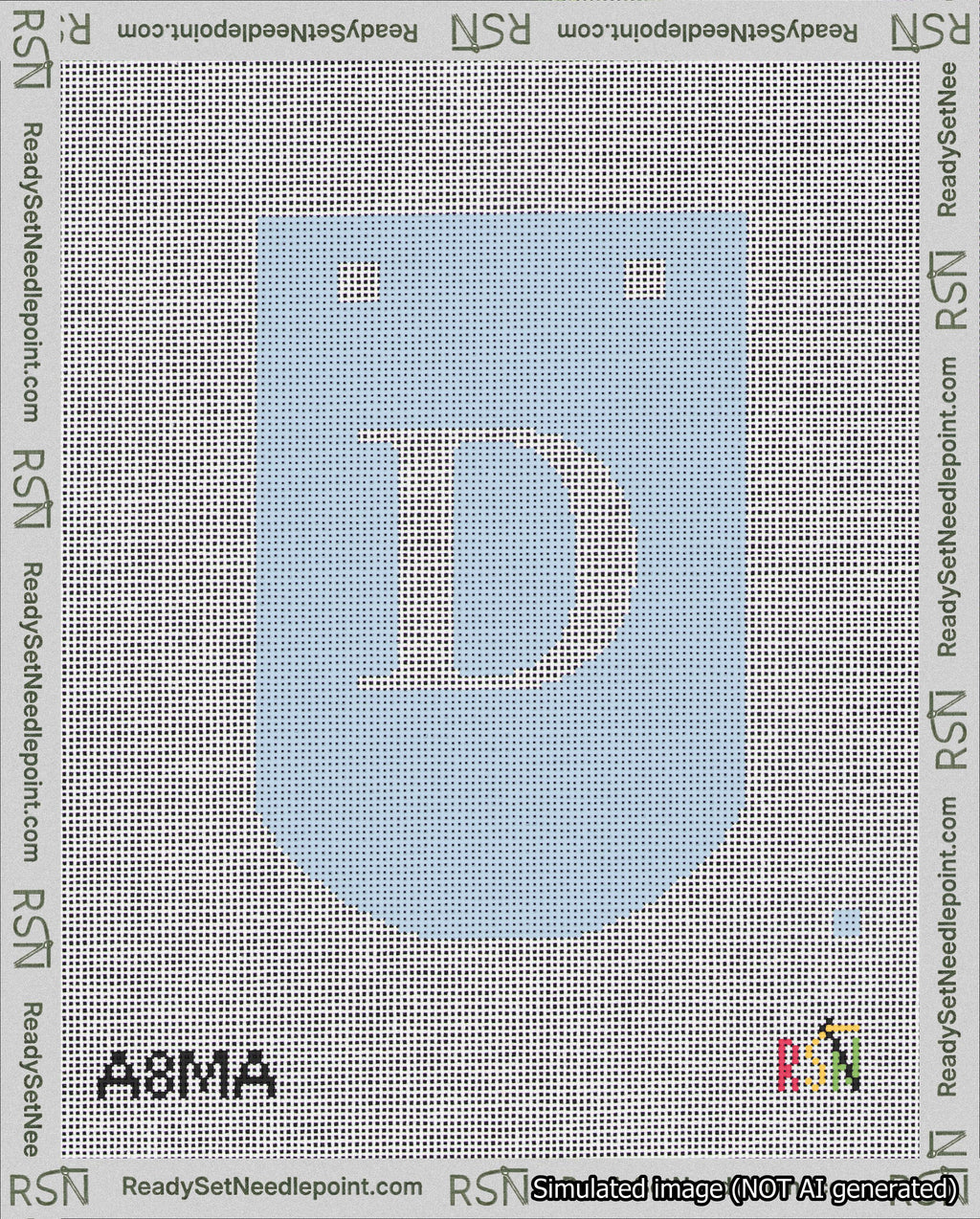 A taped needlepoint canvas with the design: Banner 18 mesh count Curved D White on Light Blue.