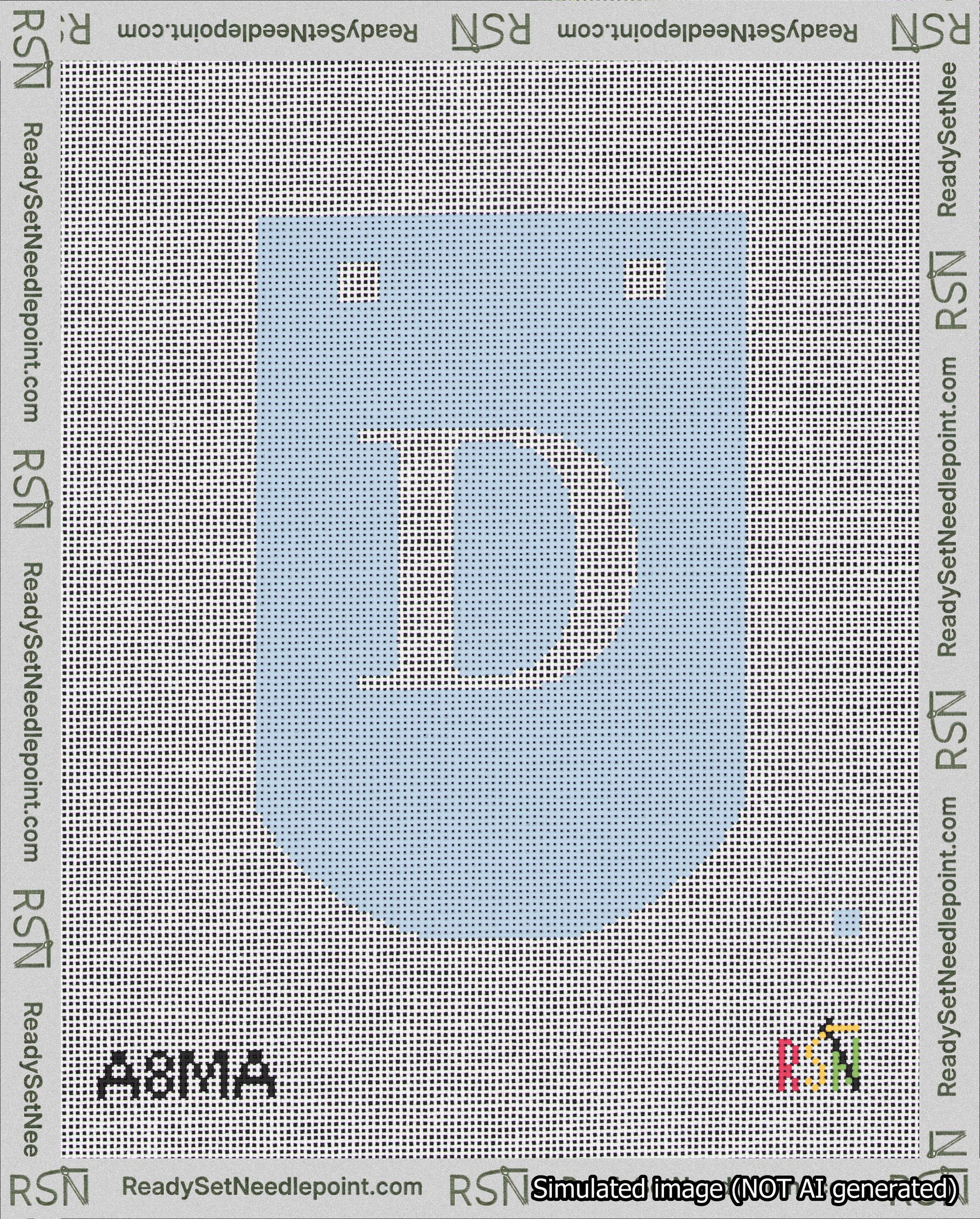 A taped needlepoint canvas with the design: Banner 18 mesh count Curved D White on Light Blue.