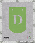 A taped needlepoint canvas with the design: Banner 18 mesh count Curved D White on Light Green.