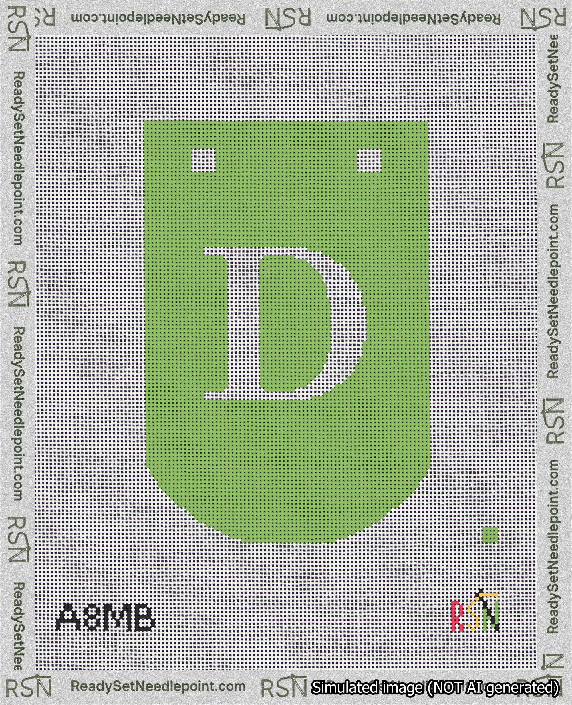 A taped needlepoint canvas with the design: Banner 18 mesh count Curved D White on Light Green.