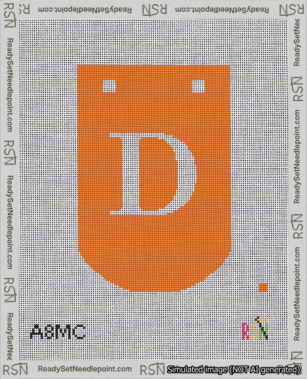 A taped needlepoint canvas with the design: Banner 18 mesh count Curved D White on Orange.