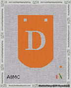 A taped needlepoint canvas with the design: Banner 18 mesh count Curved D White on Orange.