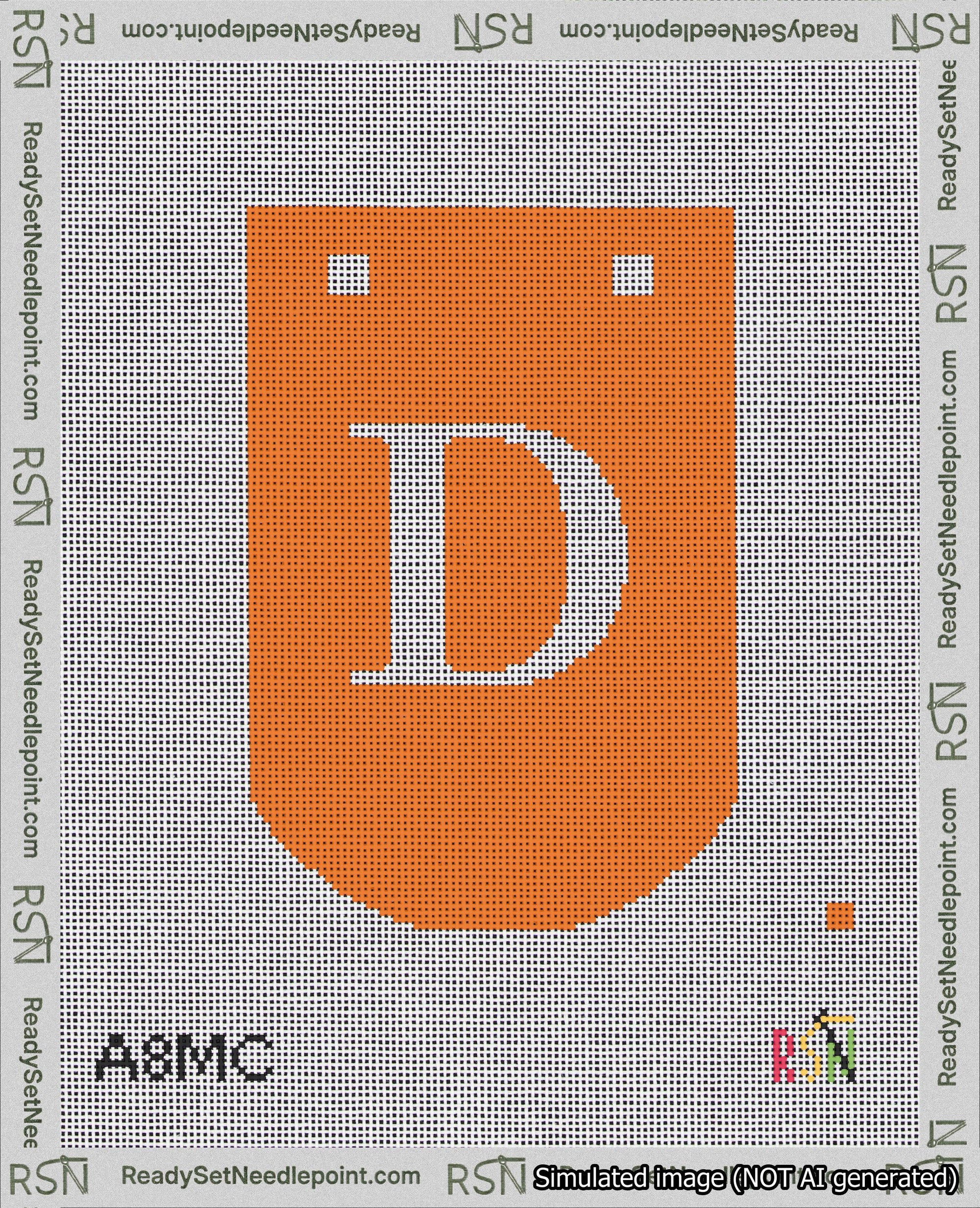 A taped needlepoint canvas with the design: Banner 18 mesh count Curved D White on Orange.