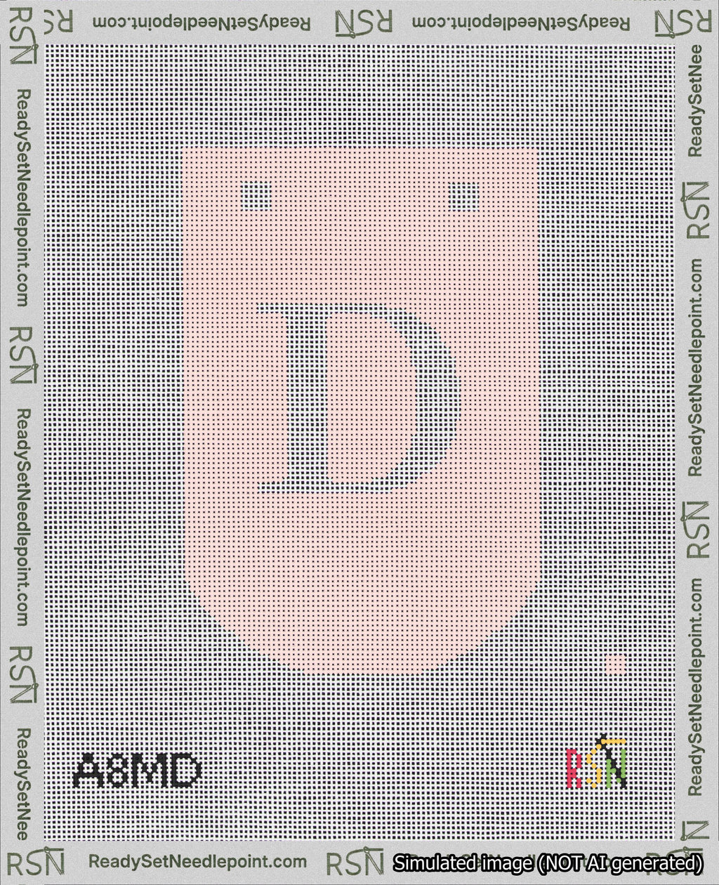 A taped needlepoint canvas with the design: Banner 18 mesh count Curved D White on Pink.