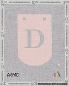 A taped needlepoint canvas with the design: Banner 18 mesh count Curved D White on Pink.
