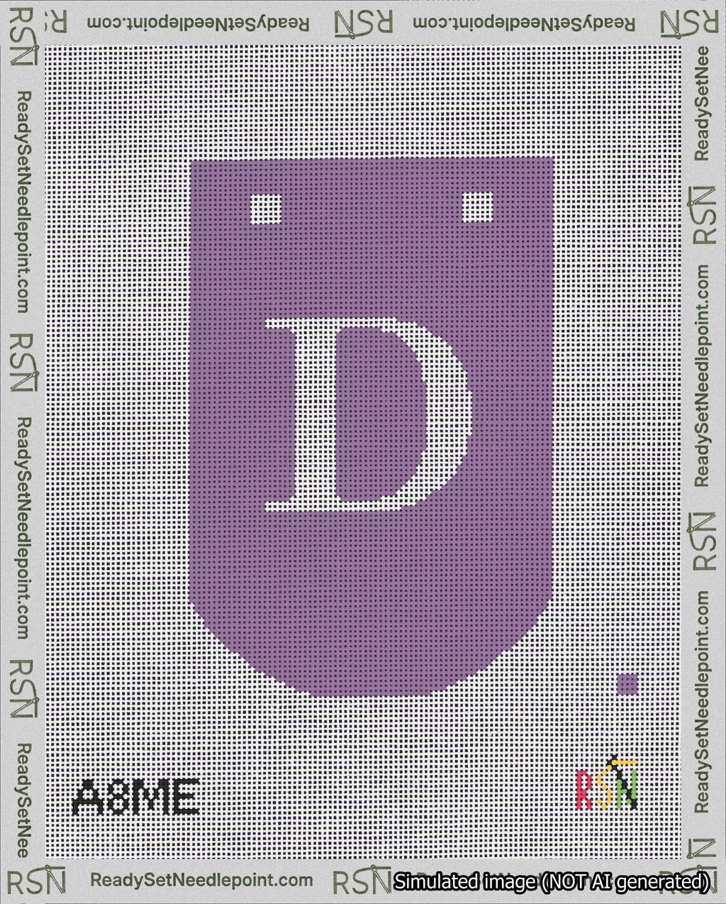 A taped needlepoint canvas with the design: Banner 18 mesh count Curved D White on Purple.