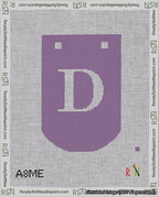 A taped needlepoint canvas with the design: Banner 18 mesh count Curved D White on Purple.