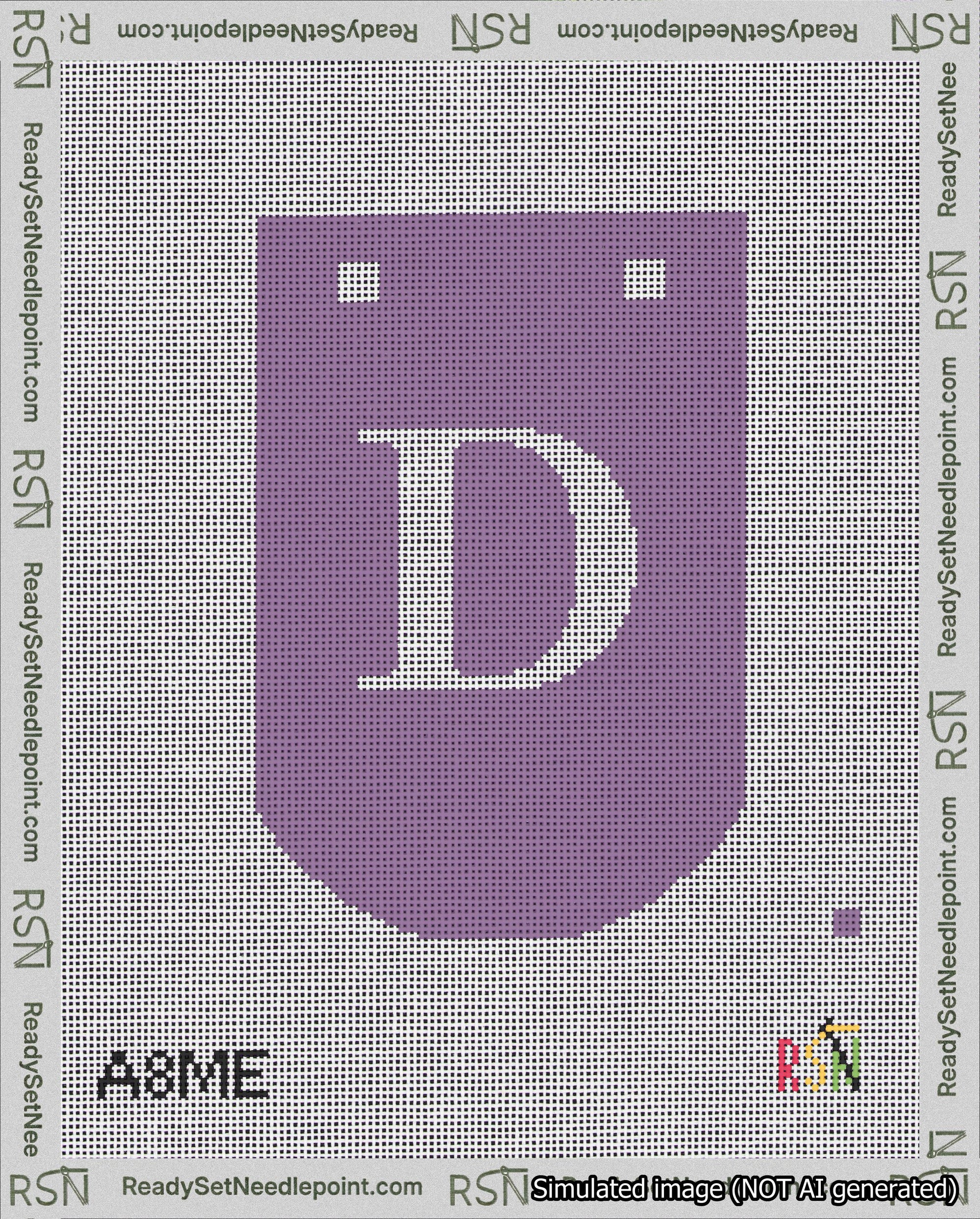 A taped needlepoint canvas with the design: Banner 18 mesh count Curved D White on Purple.