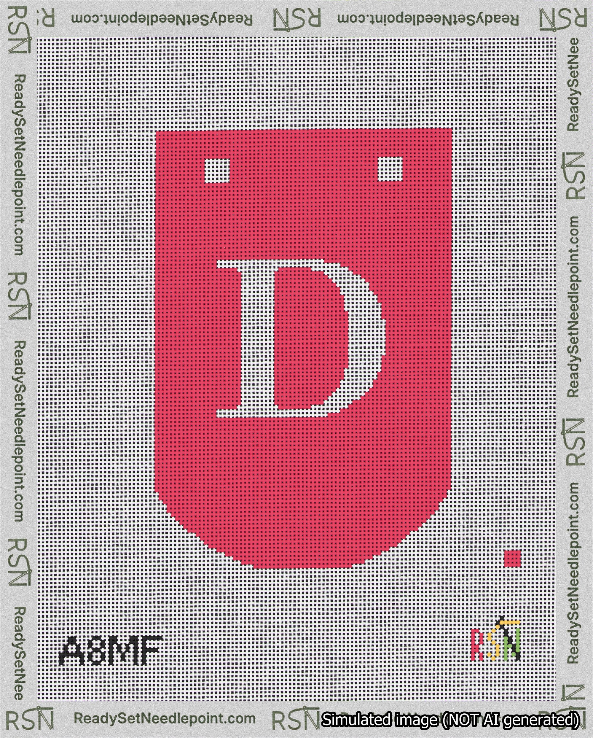 A taped needlepoint canvas with the design: Banner 18 mesh count Curved D White on Red.