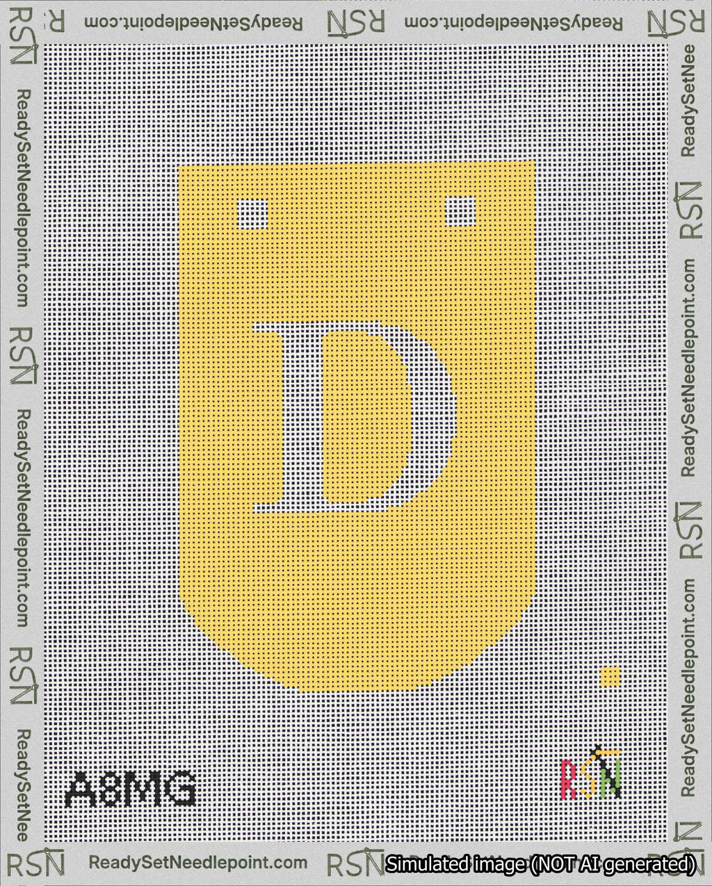 A taped needlepoint canvas with the design: Banner 18 mesh count Curved D White on Yellow.