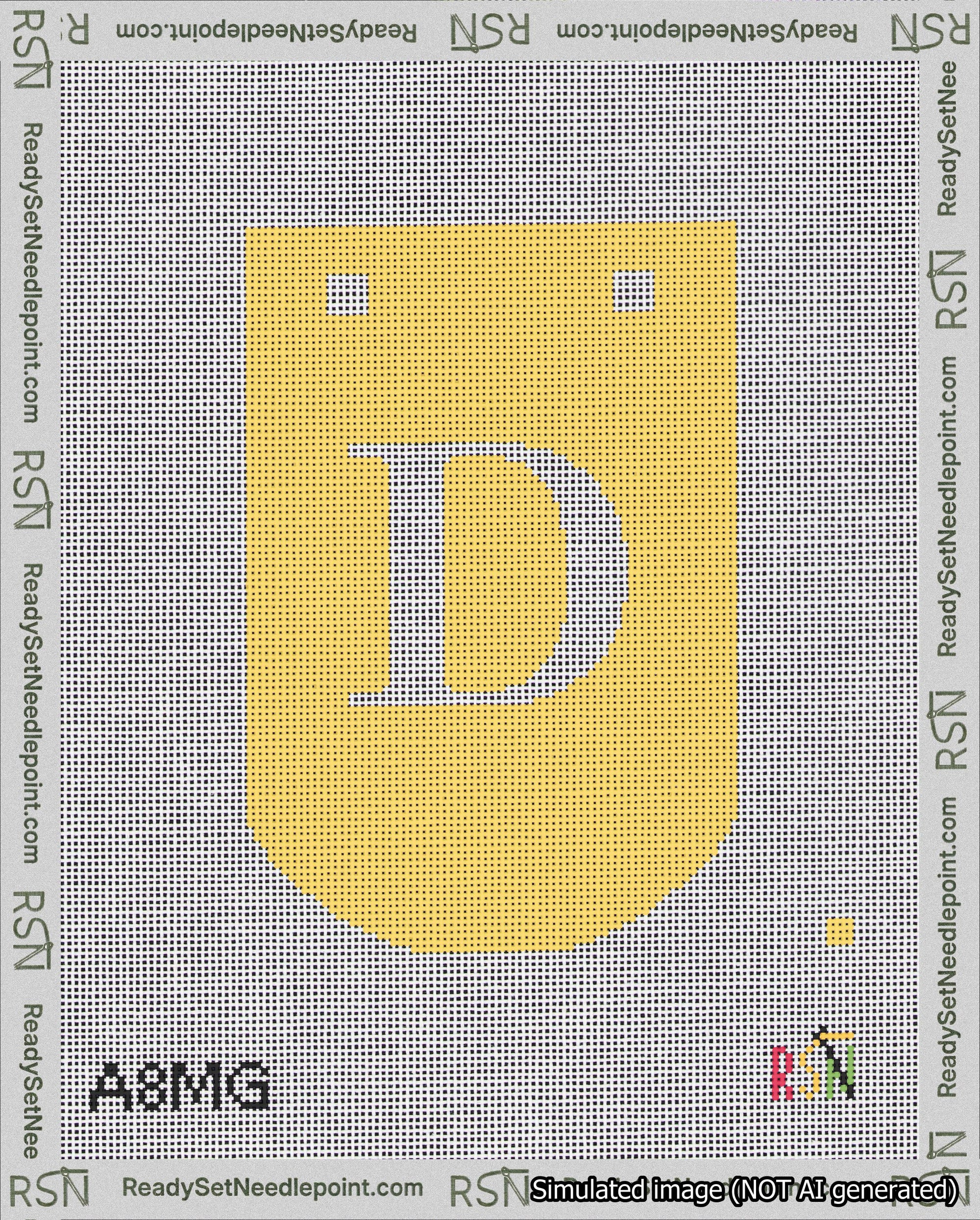 A taped needlepoint canvas with the design: Banner 18 mesh count Curved D White on Yellow.