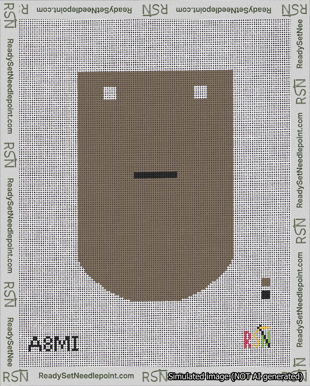 A taped needlepoint canvas with the design: Banner 18 mesh count Curved Dash Black on Brown.