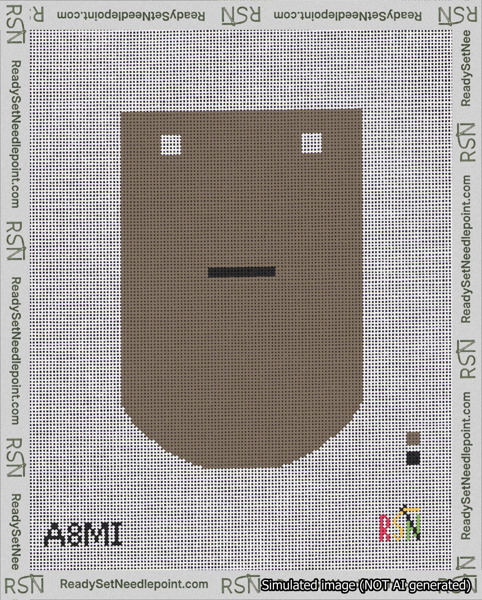 A taped needlepoint canvas with the design: Banner 18 mesh count Curved Dash Black on Brown.