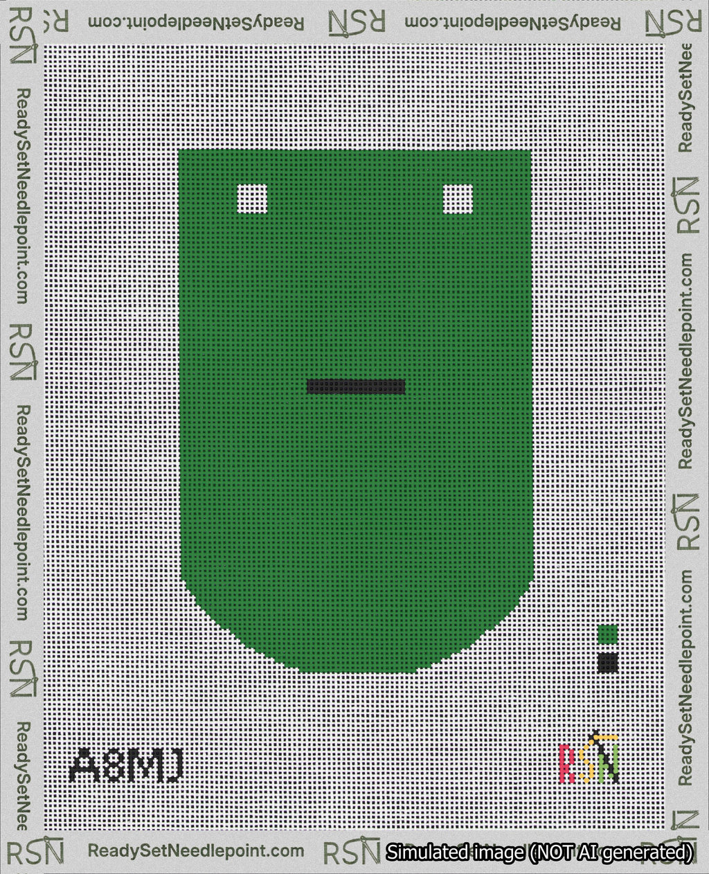A taped needlepoint canvas with the design: Banner 18 mesh count Curved Dash Black on Green.