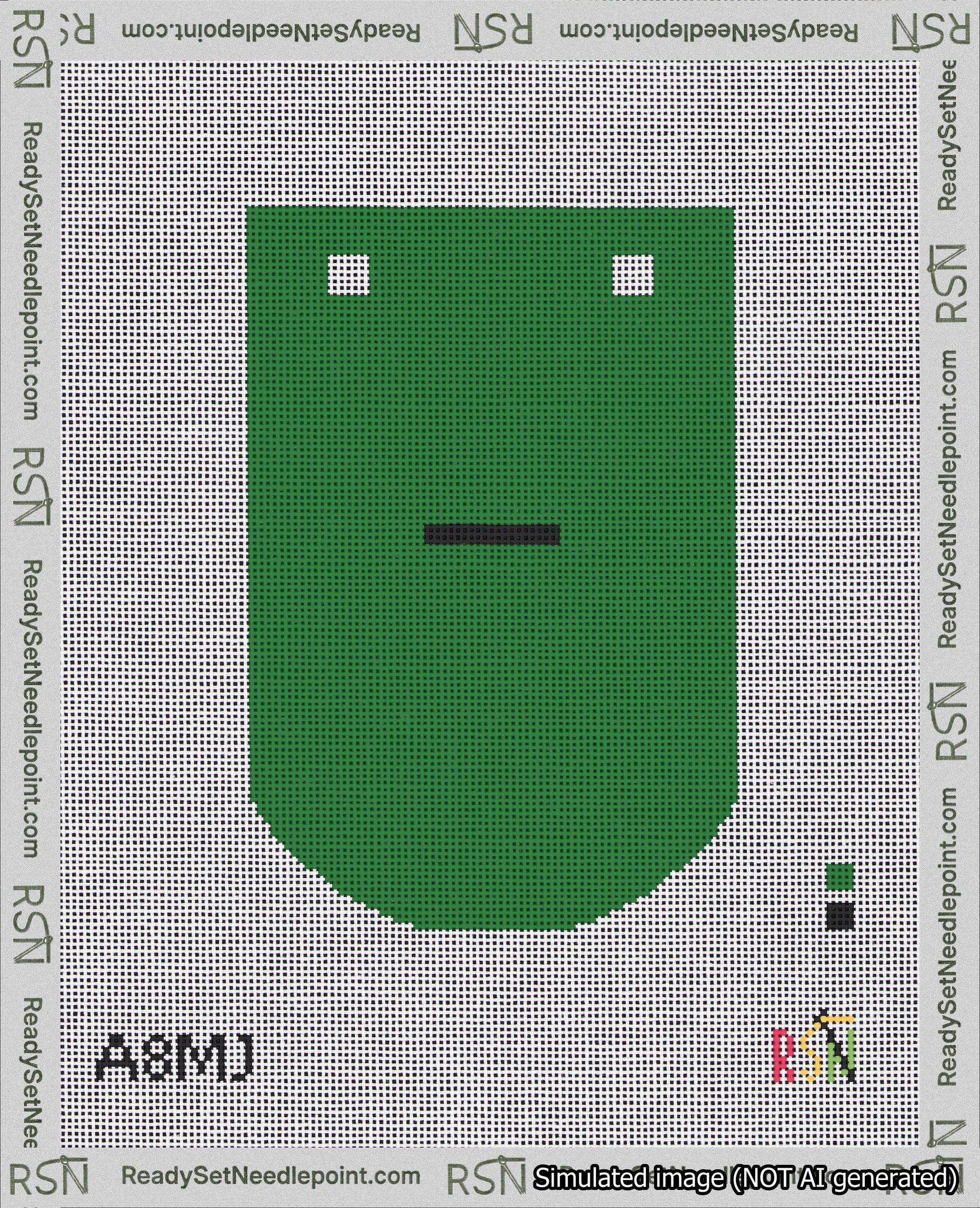 A taped needlepoint canvas with the design: Banner 18 mesh count Curved Dash Black on Green.