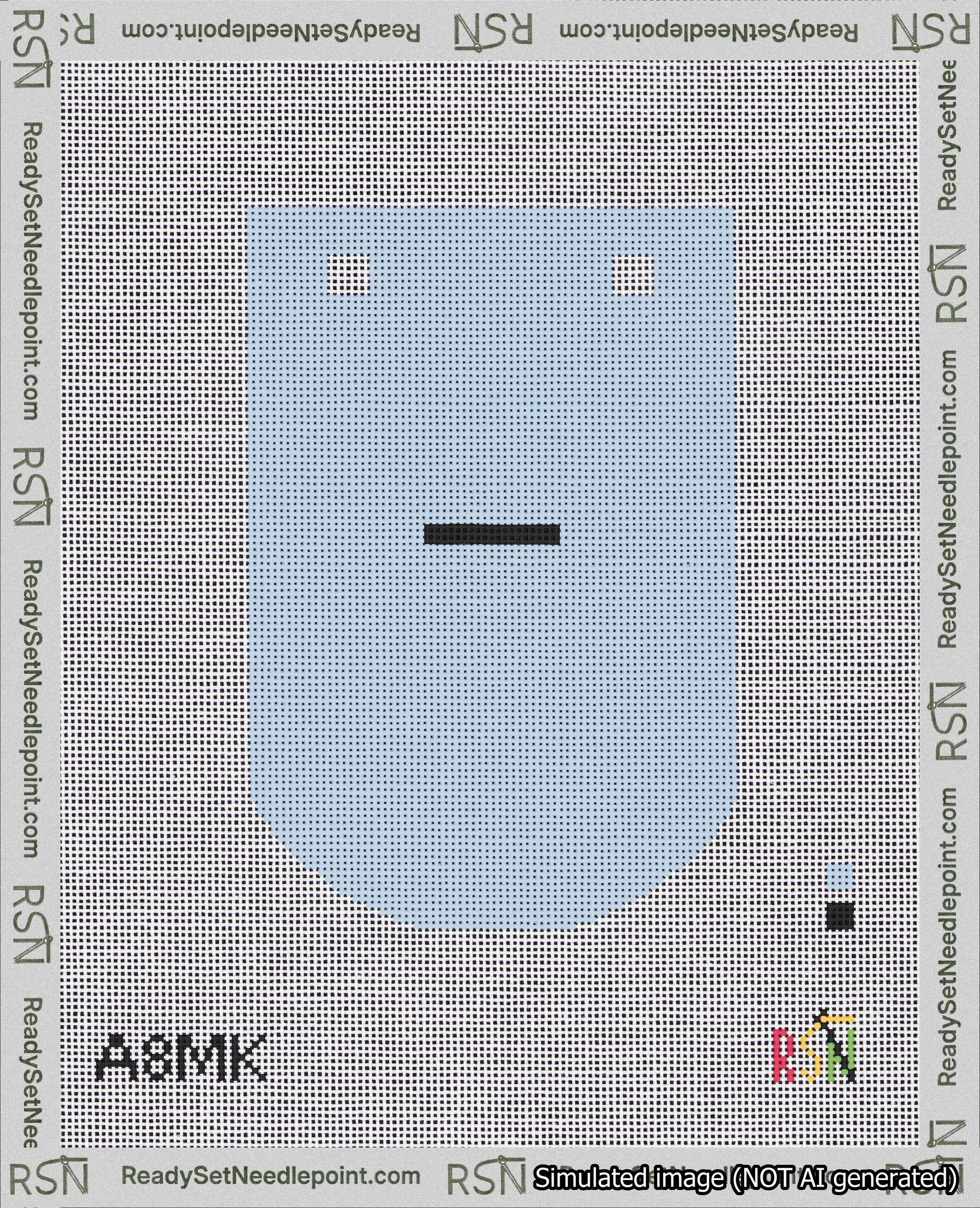 A taped needlepoint canvas with the design: Banner 18 mesh count Curved Dash Black on Light Blue.