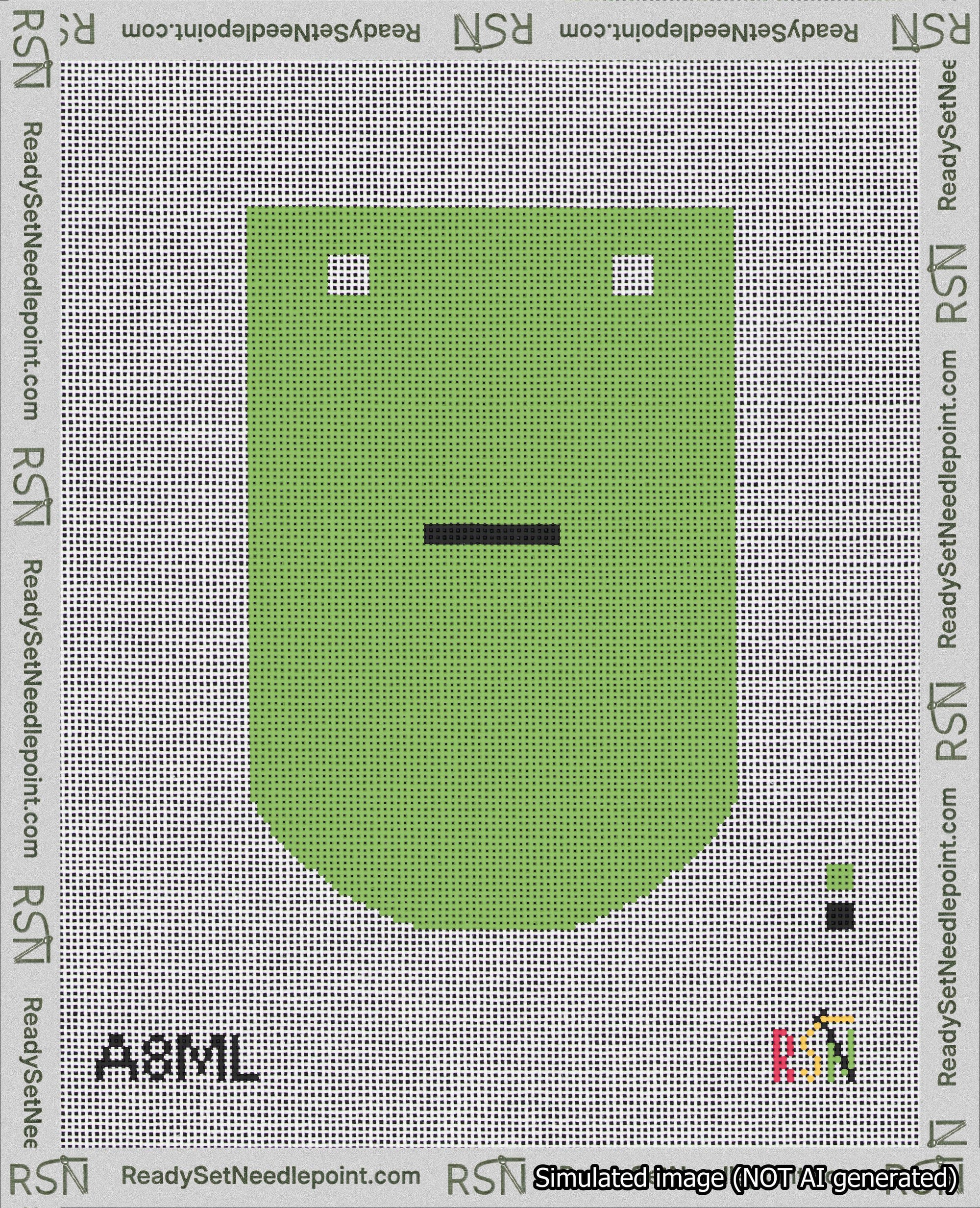 A taped needlepoint canvas with the design: Banner 18 mesh count Curved Dash Black on Light Green.