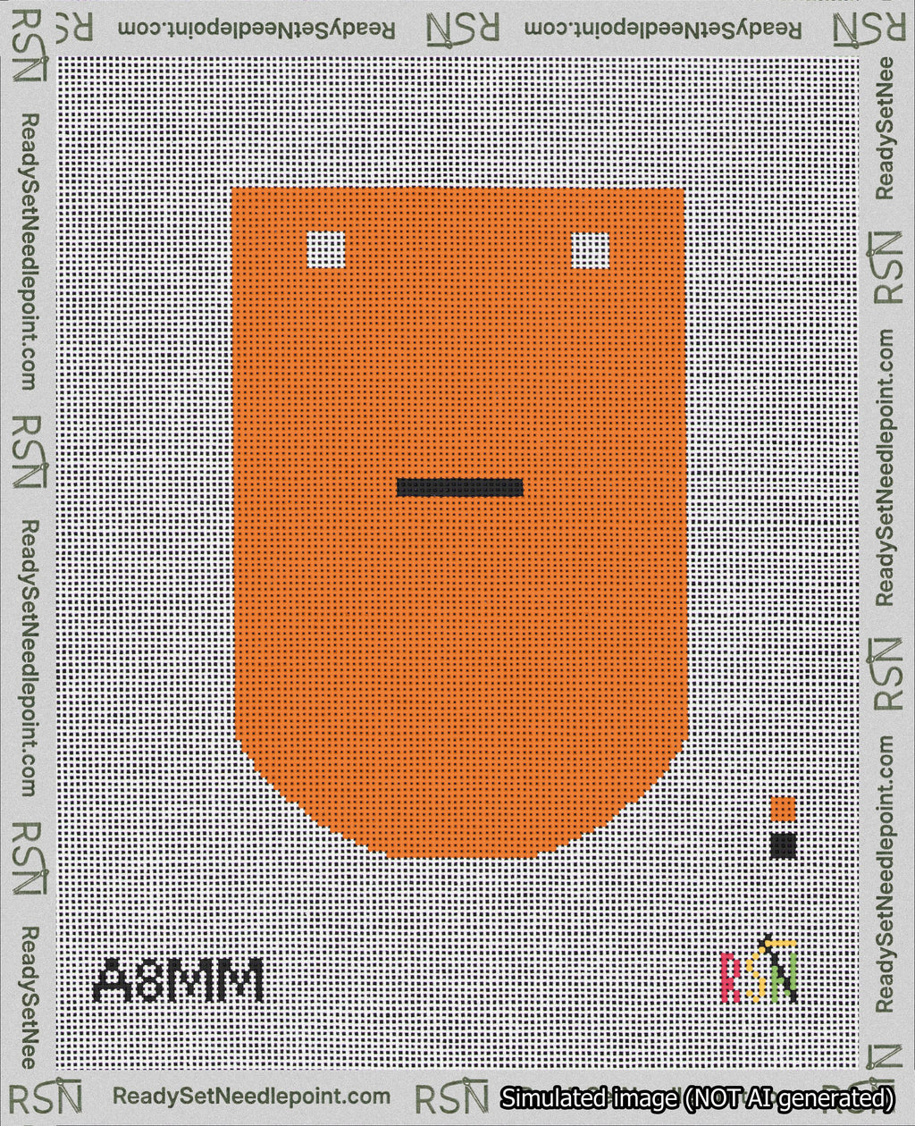 A taped needlepoint canvas with the design: Banner 18 mesh count Curved Dash Black on Orange.