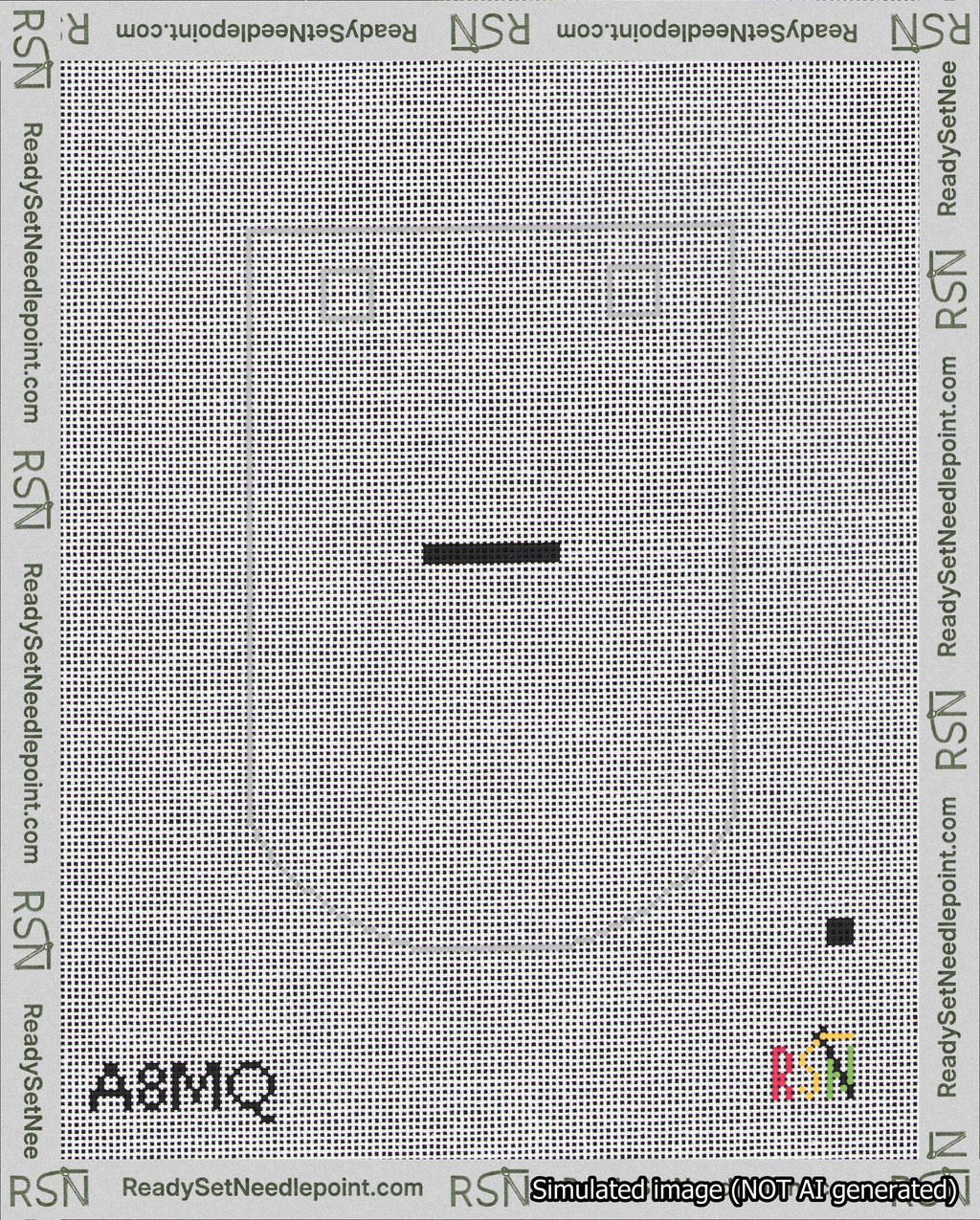 A taped needlepoint canvas with the design: Banner 18 mesh count Curved Dash Black on White.